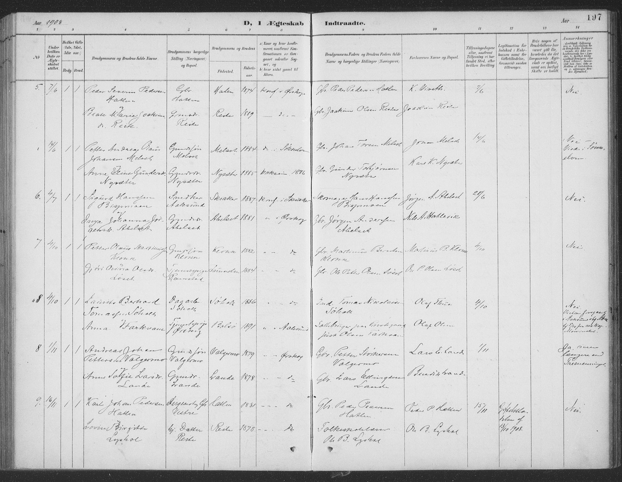 Ministerialprotokoller, klokkerbøker og fødselsregistre - Møre og Romsdal, SAT/A-1454/522/L0316: Parish register (official) no. 522A11, 1890-1911, p. 197