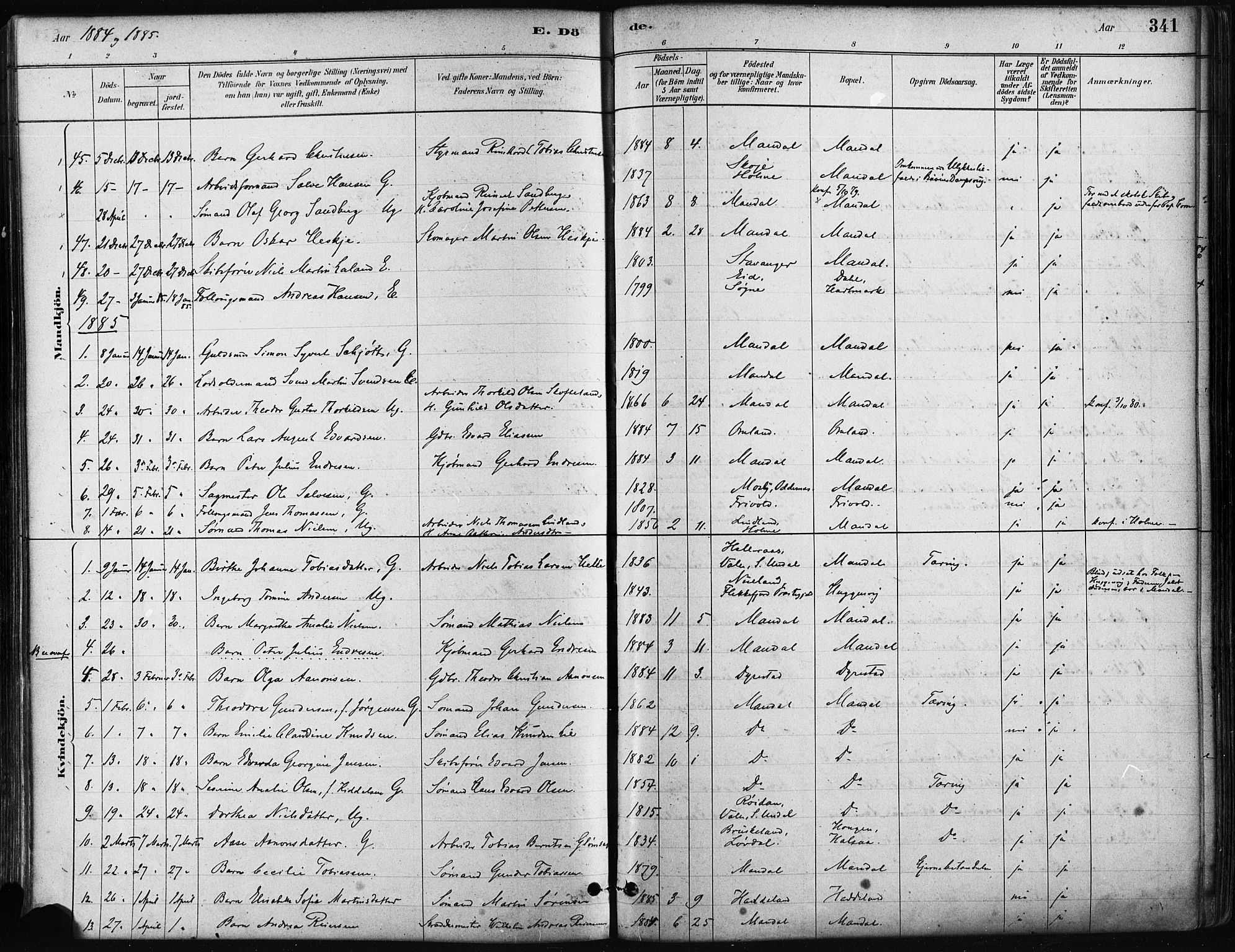 Mandal sokneprestkontor, SAK/1111-0030/F/Fa/Faa/L0016: Parish register (official) no. A 16, 1880-1890, p. 341