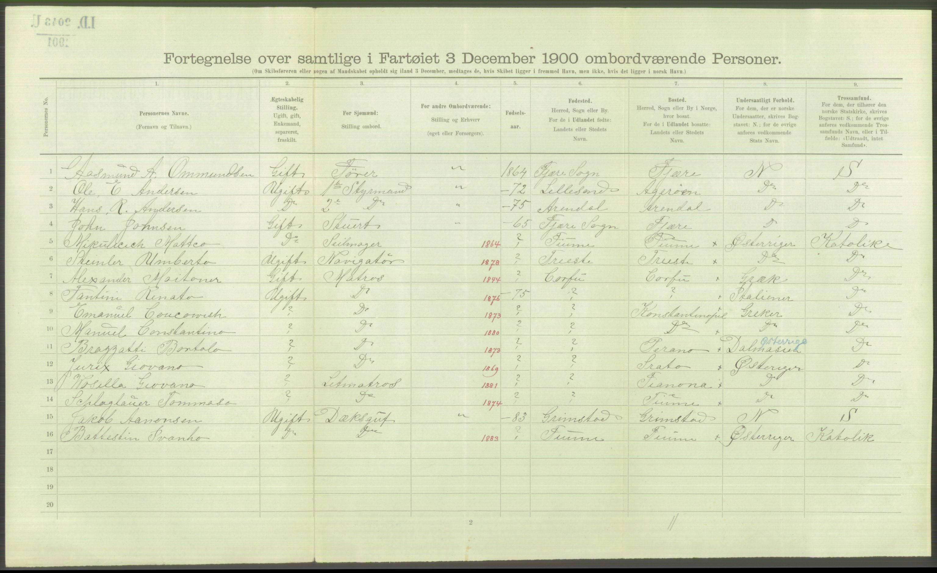 RA, 1900 Census - ship lists from ships in Norwegian harbours, harbours abroad and at sea, 1900, p. 5624