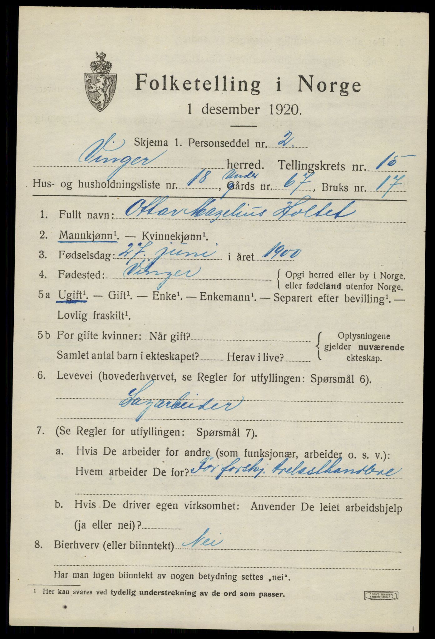 SAH, 1920 census for Vinger, 1920, p. 11884