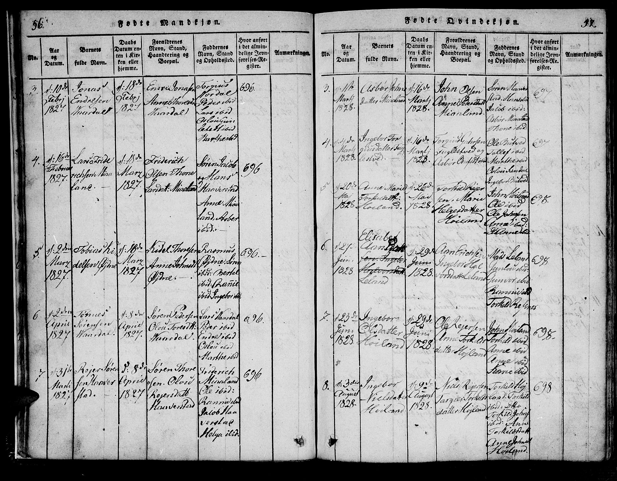 Bjelland sokneprestkontor, SAK/1111-0005/F/Fa/Fac/L0001: Parish register (official) no. A 1, 1815-1866, p. 56-57