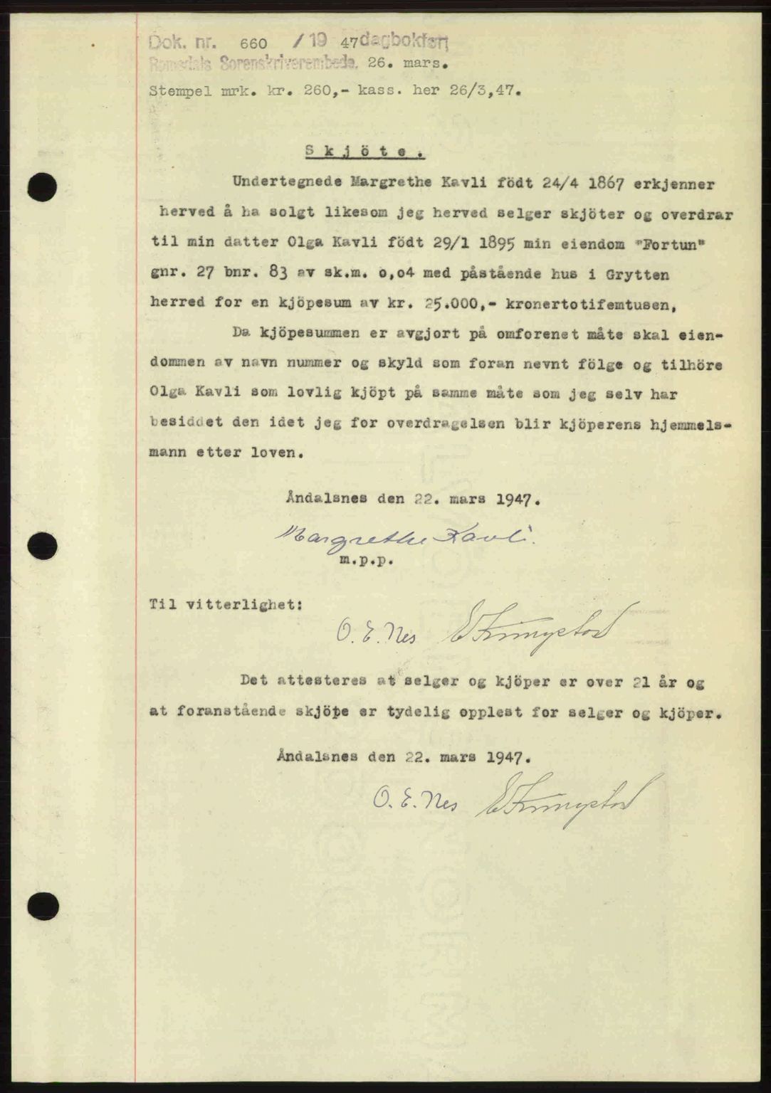 Romsdal sorenskriveri, SAT/A-4149/1/2/2C: Mortgage book no. A22, 1947-1947, Diary no: : 660/1947