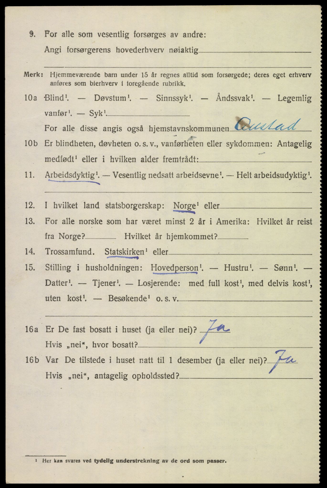 SAK, 1920 census for Austad, 1920, p. 1424