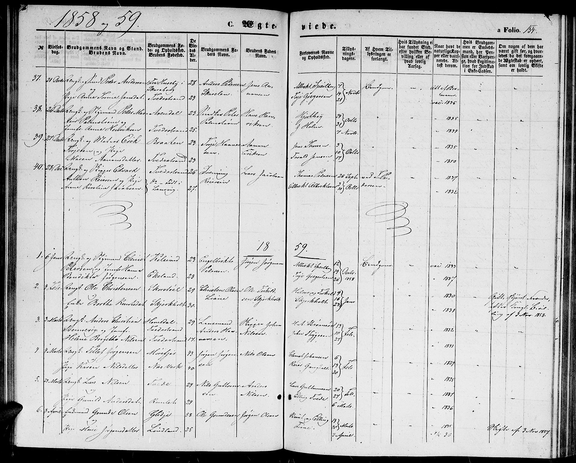 Holt sokneprestkontor, SAK/1111-0021/F/Fb/L0008: Parish register (copy) no. B 8, 1858-1871, p. 154