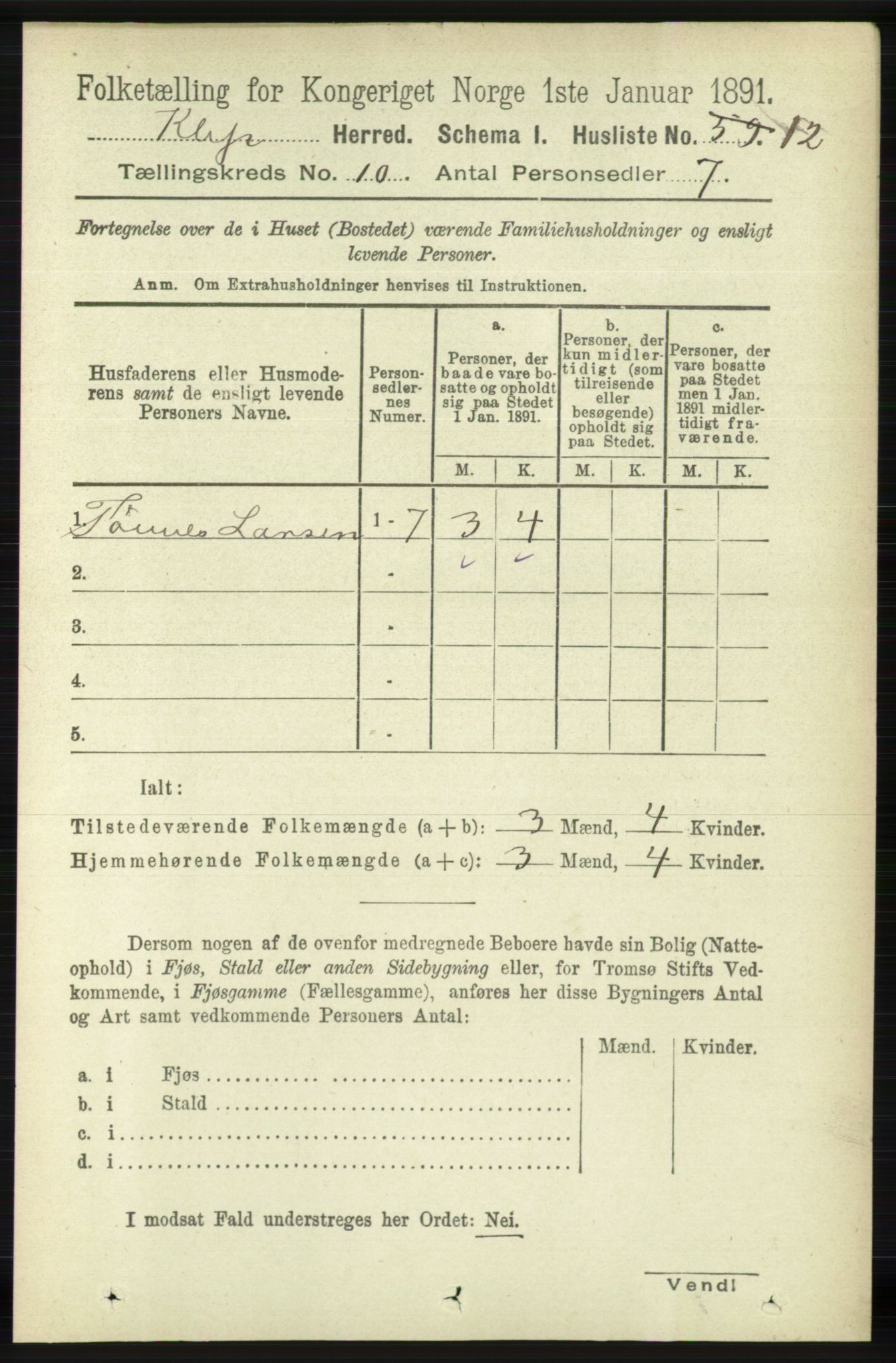 RA, 1891 census for 1120 Klepp, 1891, p. 2830