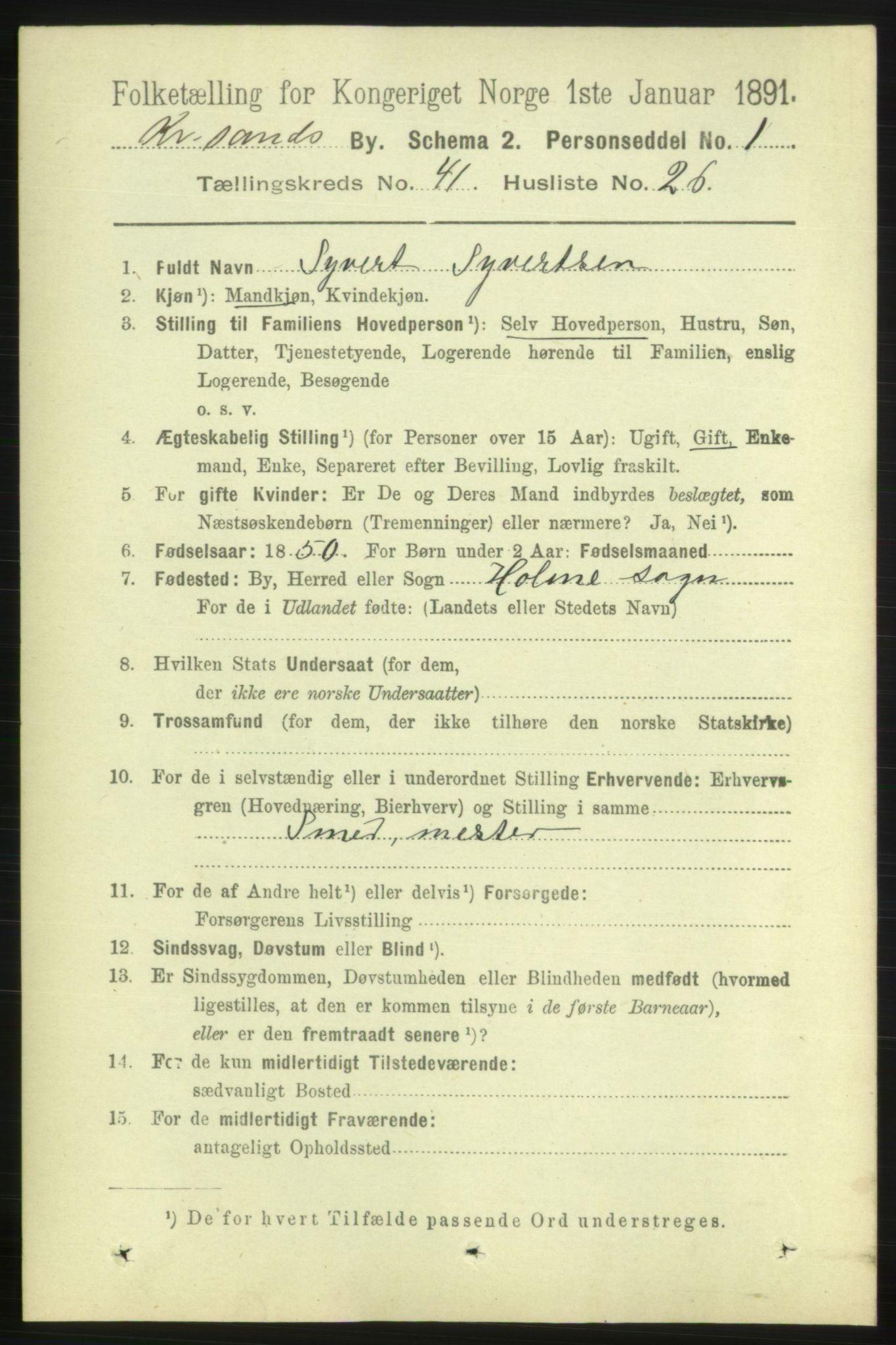 RA, 1891 census for 1001 Kristiansand, 1891, p. 12764