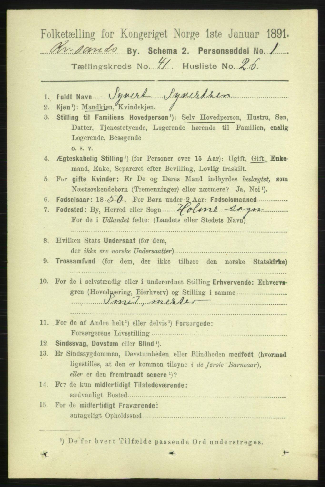 RA, 1891 census for 1001 Kristiansand, 1891, p. 12764