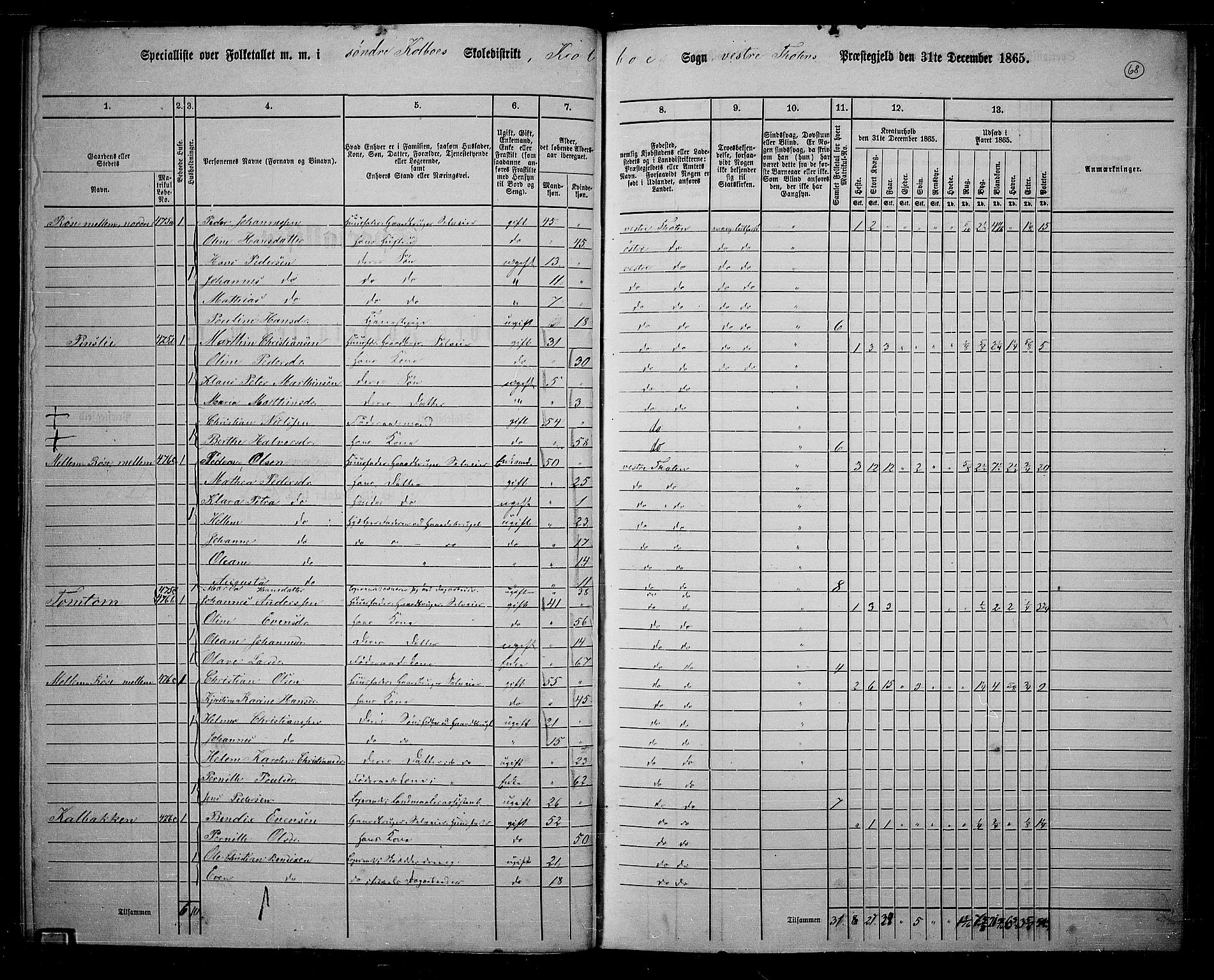 RA, 1865 census for Vestre Toten, 1865, p. 222