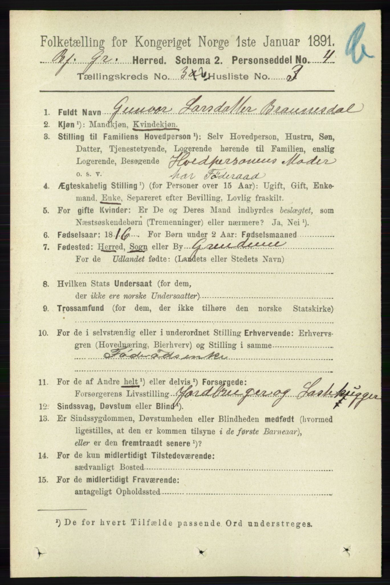 RA, 1891 census for 1024 Bjelland og Grindheim, 1891, p. 1804