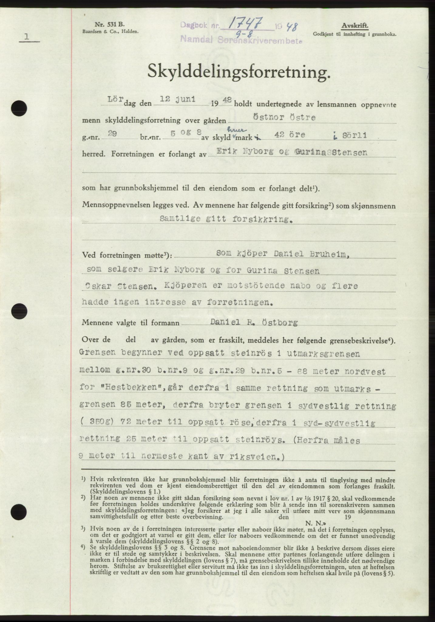 Namdal sorenskriveri, AV/SAT-A-4133/1/2/2C: Mortgage book no. -, 1948-1948, Diary no: : 1747/1948