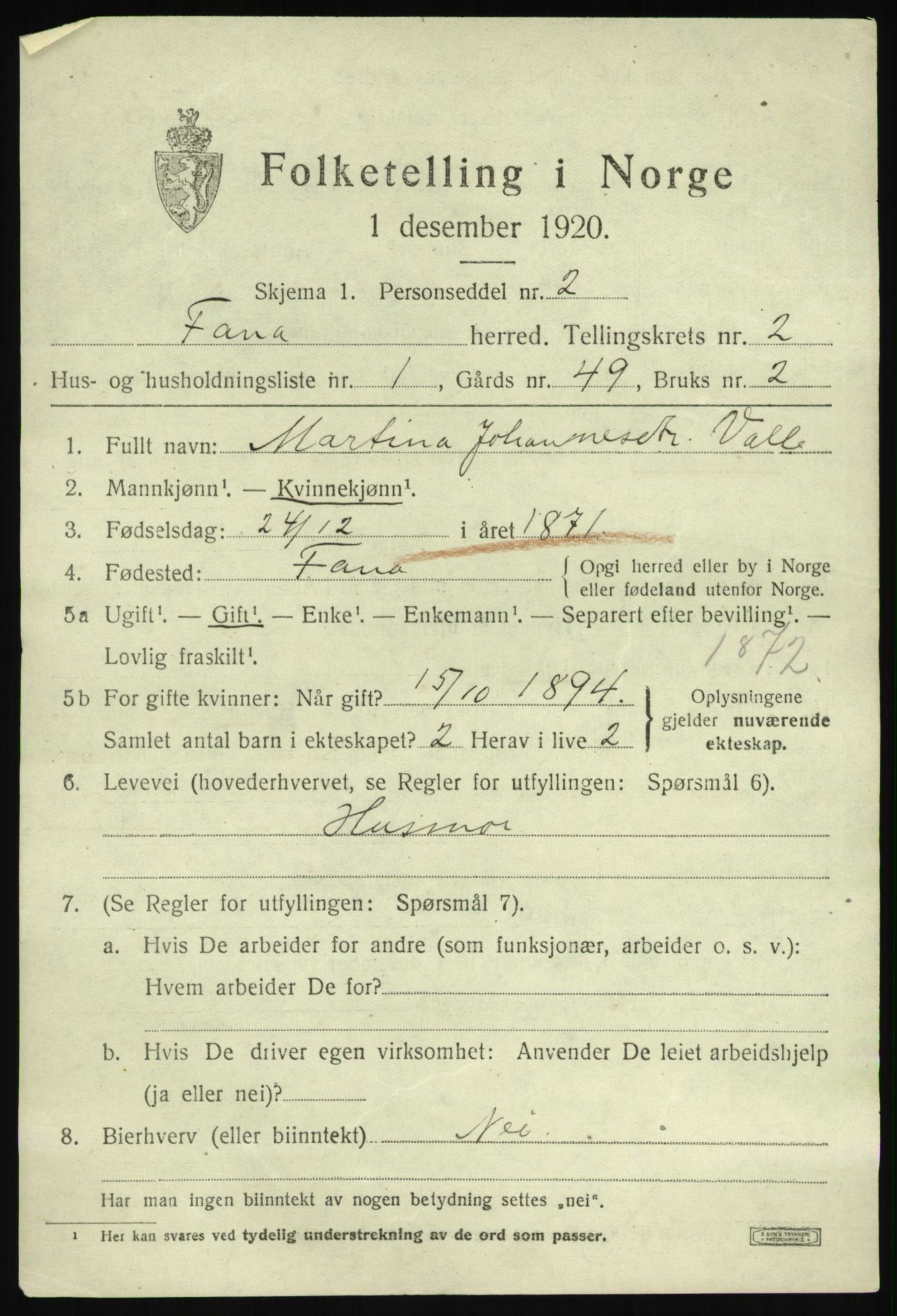 SAB, 1920 census for Fana, 1920, p. 4361