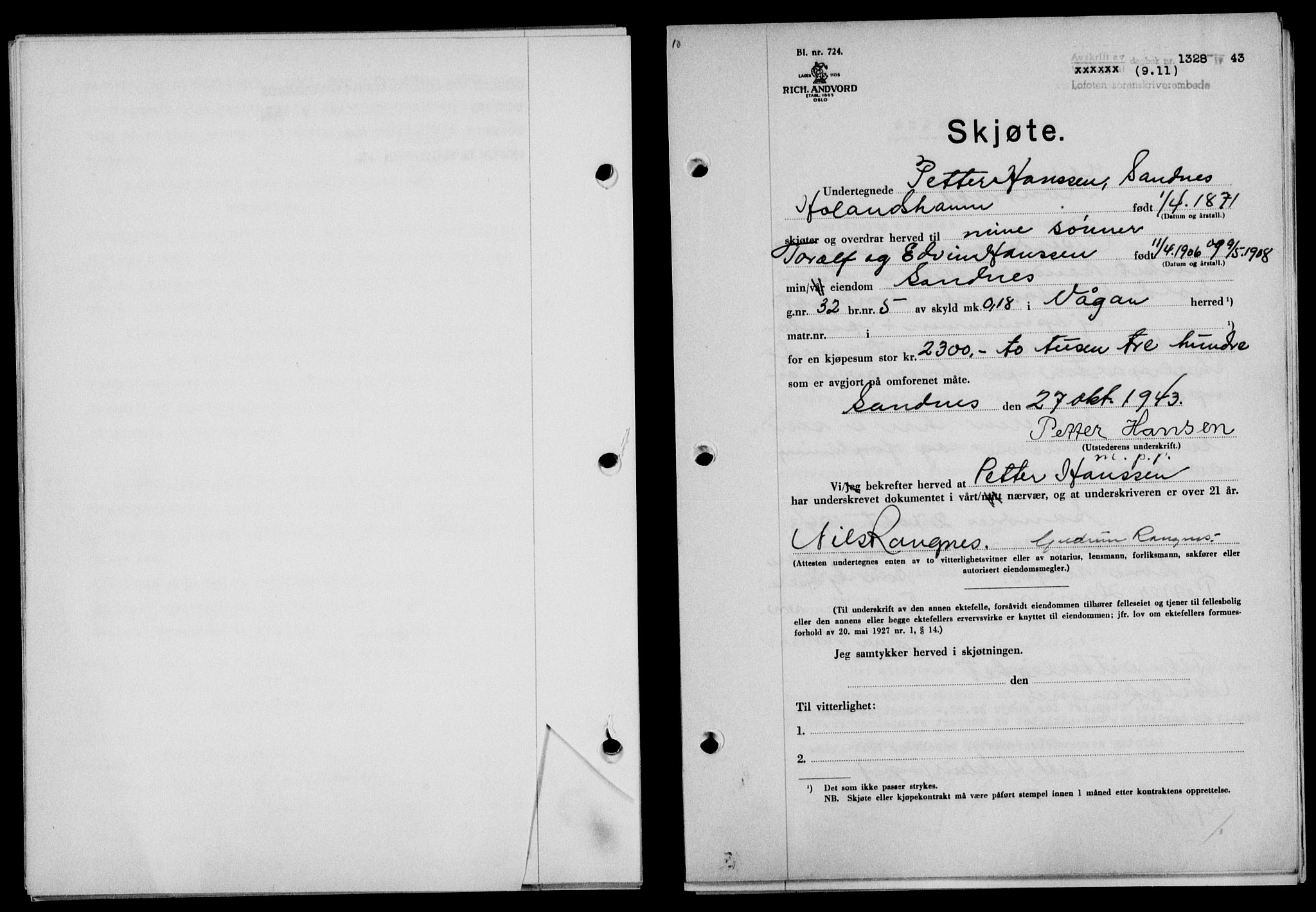Lofoten sorenskriveri, SAT/A-0017/1/2/2C/L0011a: Mortgage book no. 11a, 1943-1943, Diary no: : 1328/1943