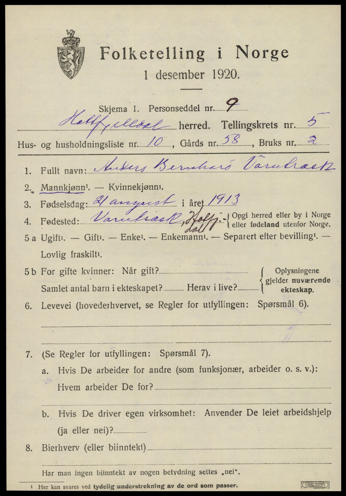 SAT, 1920 census for Hattfjelldal, 1920, p. 1256