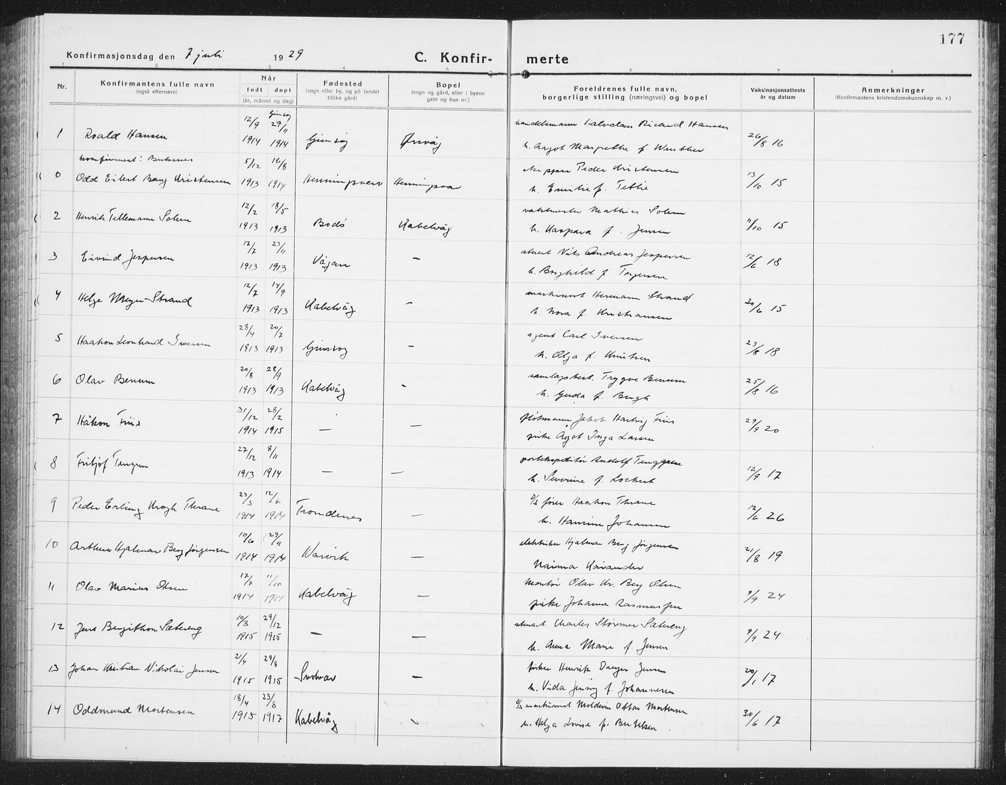 Ministerialprotokoller, klokkerbøker og fødselsregistre - Nordland, AV/SAT-A-1459/874/L1081: Parish register (copy) no. 874C10, 1925-1941, p. 177