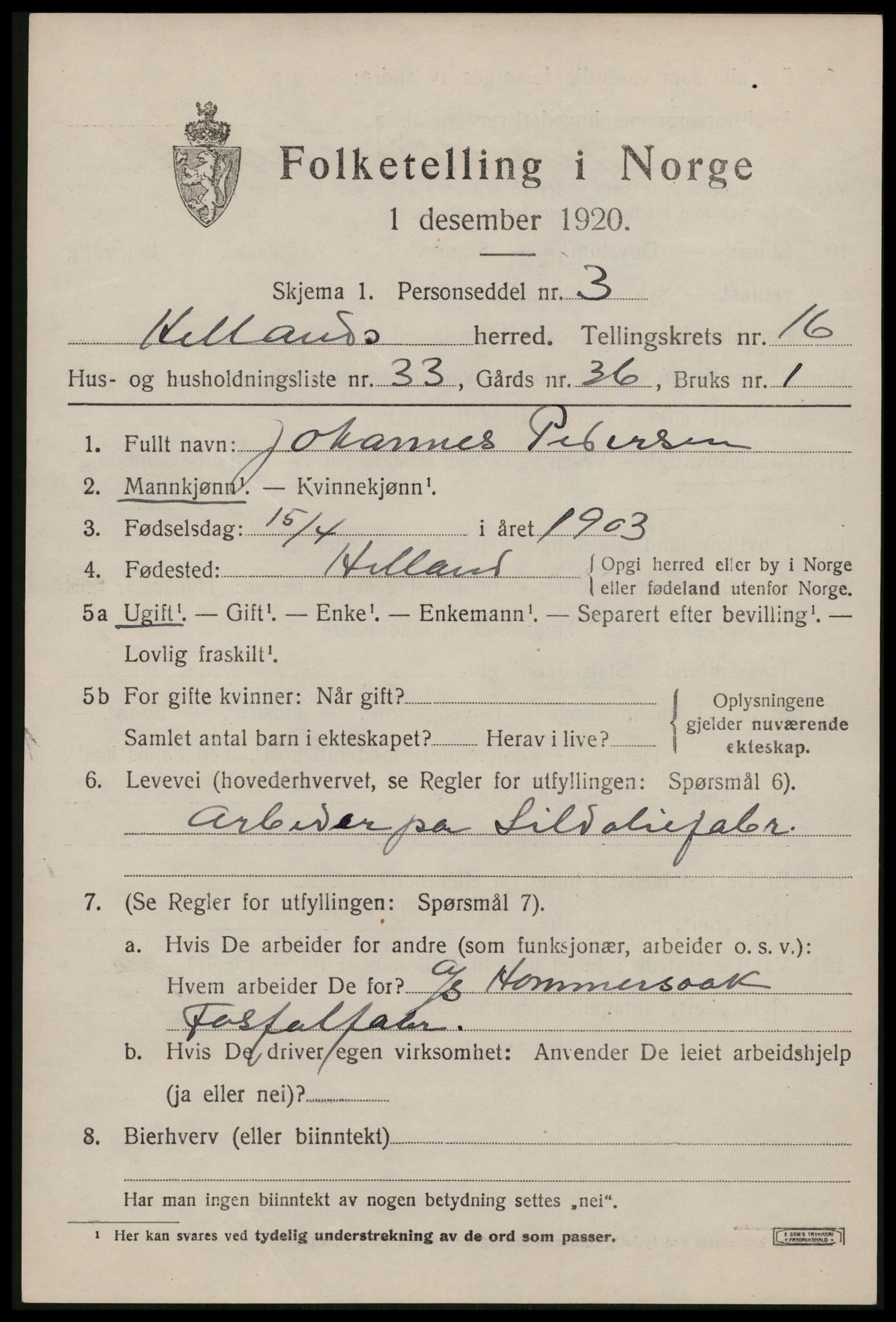 SAST, 1920 census for Hetland, 1920, p. 23503