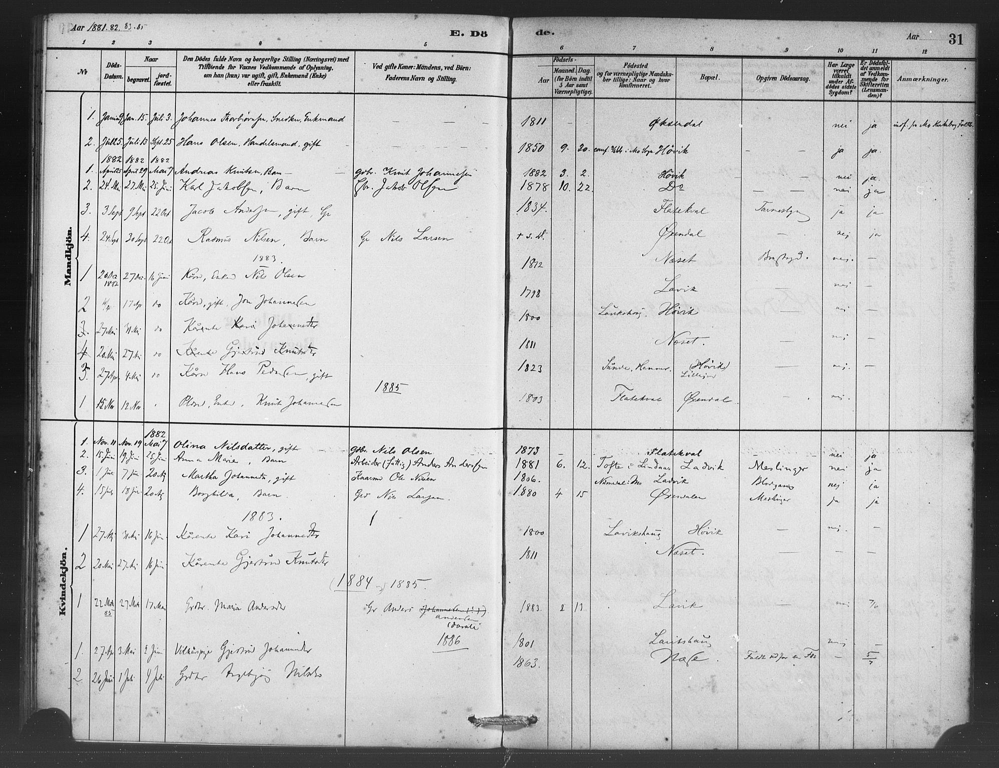 Vaksdal Sokneprestembete, AV/SAB-A-78901/H/Haa: Parish register (official) no. C 1, 1881-1900, p. 31