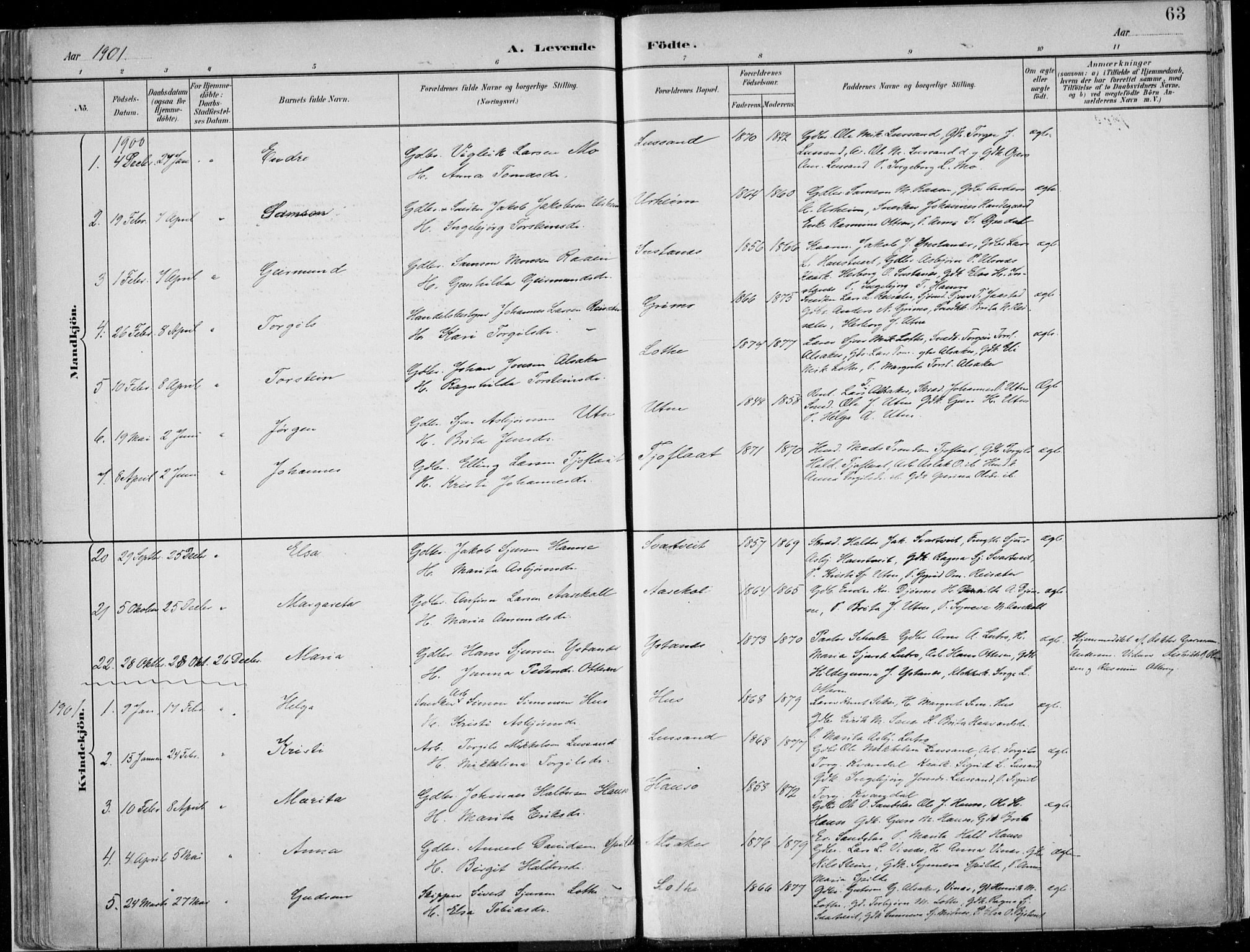 Ullensvang sokneprestembete, SAB/A-78701/H/Haa: Parish register (official) no. E  1, 1882-1921, p. 63