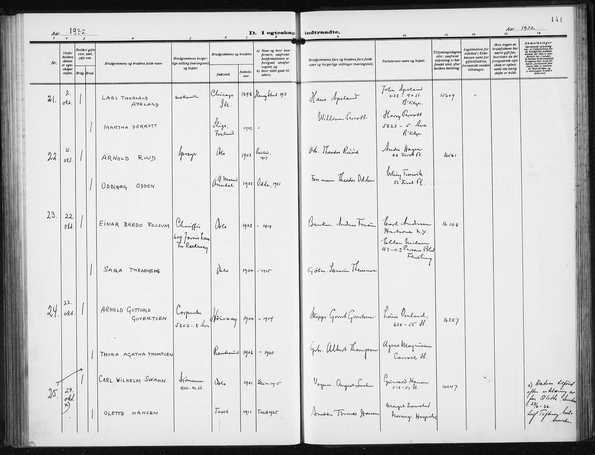 Den norske sjømannsmisjon i utlandet/New York, AV/SAB-SAB/PA-0110/H/Ha/L0008: Parish register (official) no. A 8, 1923-1935, p. 141