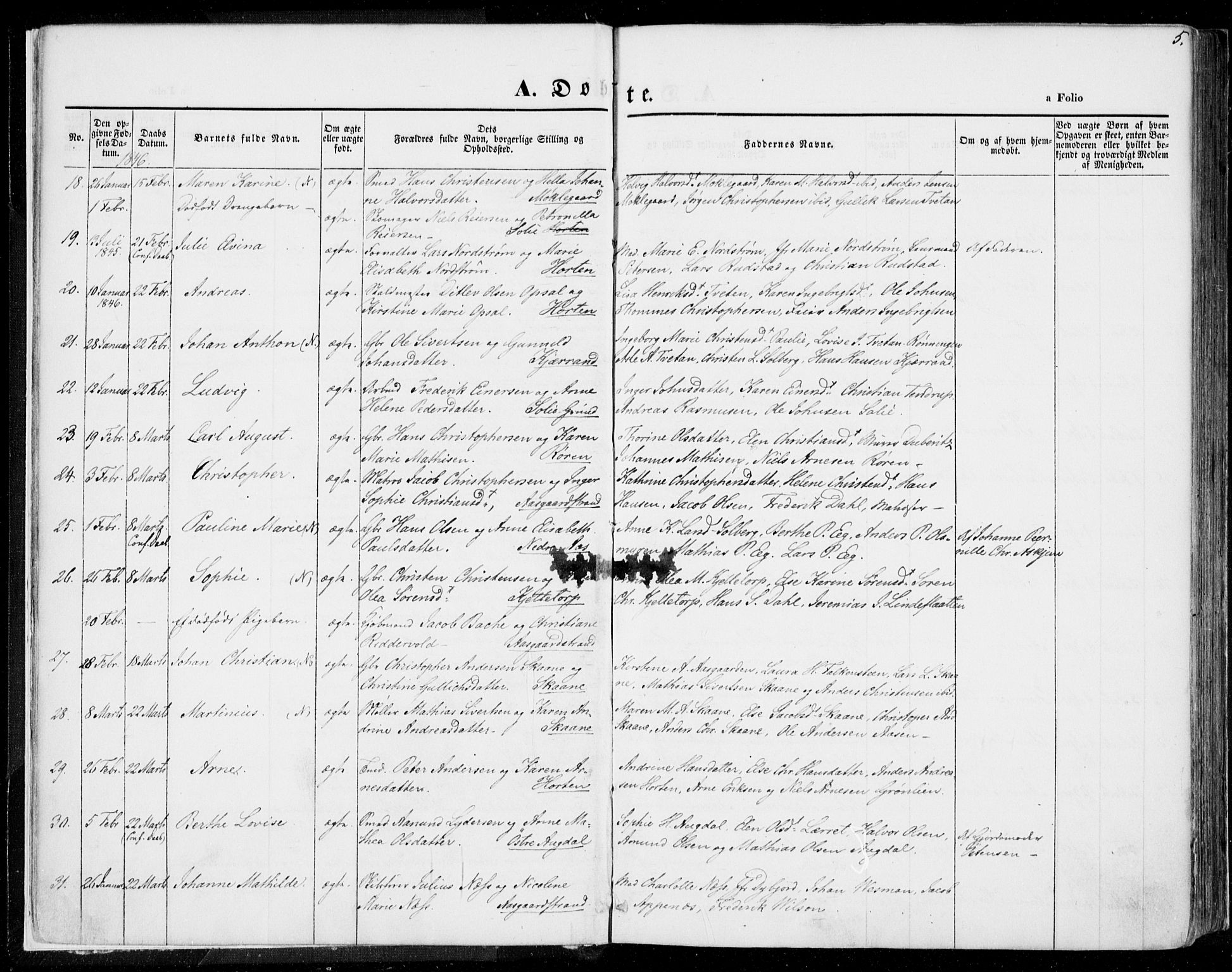 Borre kirkebøker, AV/SAKO-A-338/F/Fa/L0005: Parish register (official) no. I 5, 1845-1851, p. 5