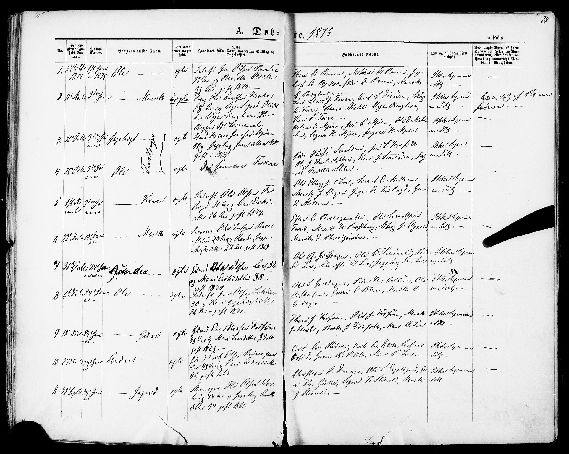 Ministerialprotokoller, klokkerbøker og fødselsregistre - Sør-Trøndelag, SAT/A-1456/678/L0900: Parish register (official) no. 678A09, 1872-1881, p. 27