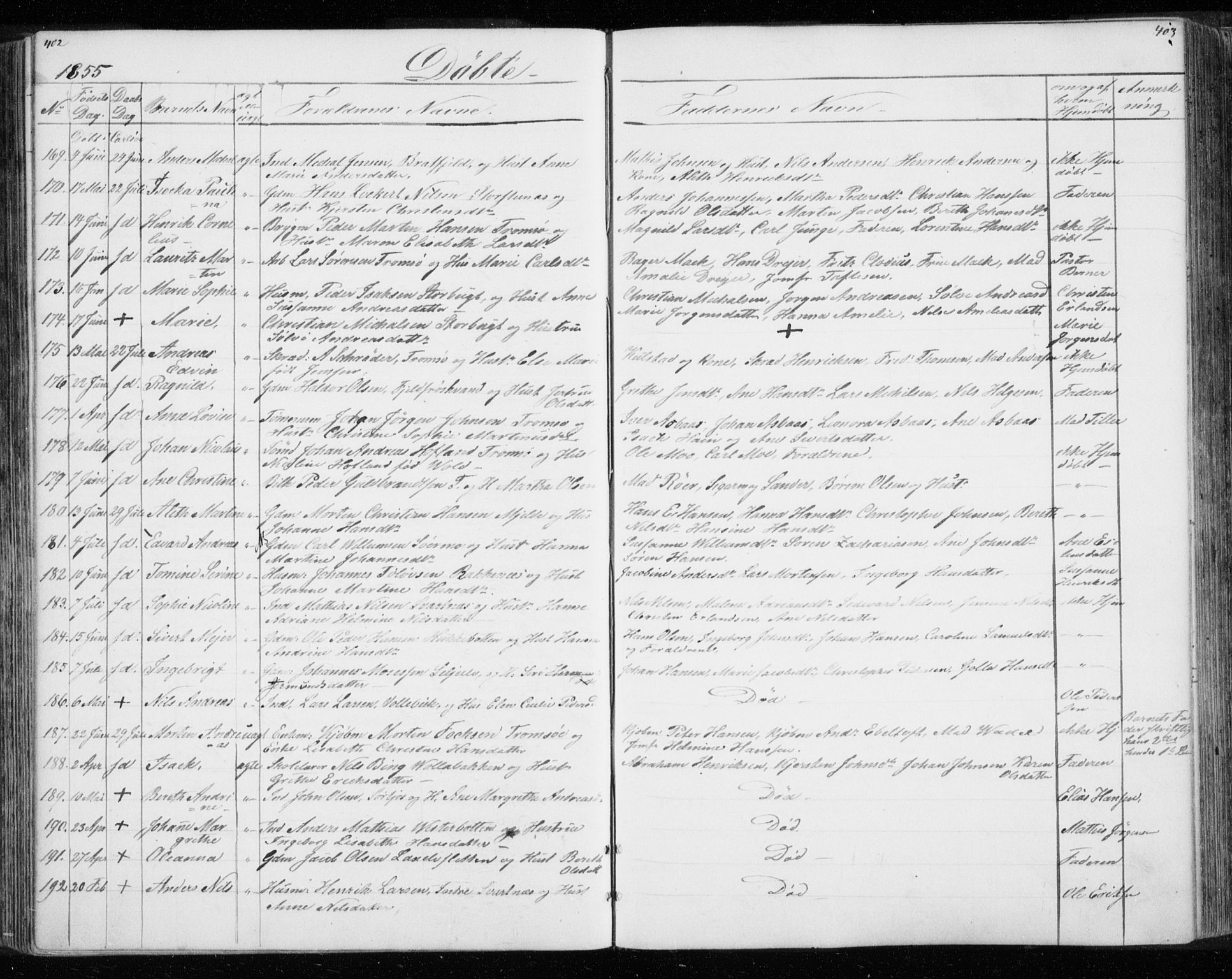 Tromsø sokneprestkontor/stiftsprosti/domprosti, SATØ/S-1343/G/Gb/L0005klokker: Parish register (copy) no. 5, 1846-1857, p. 402-403