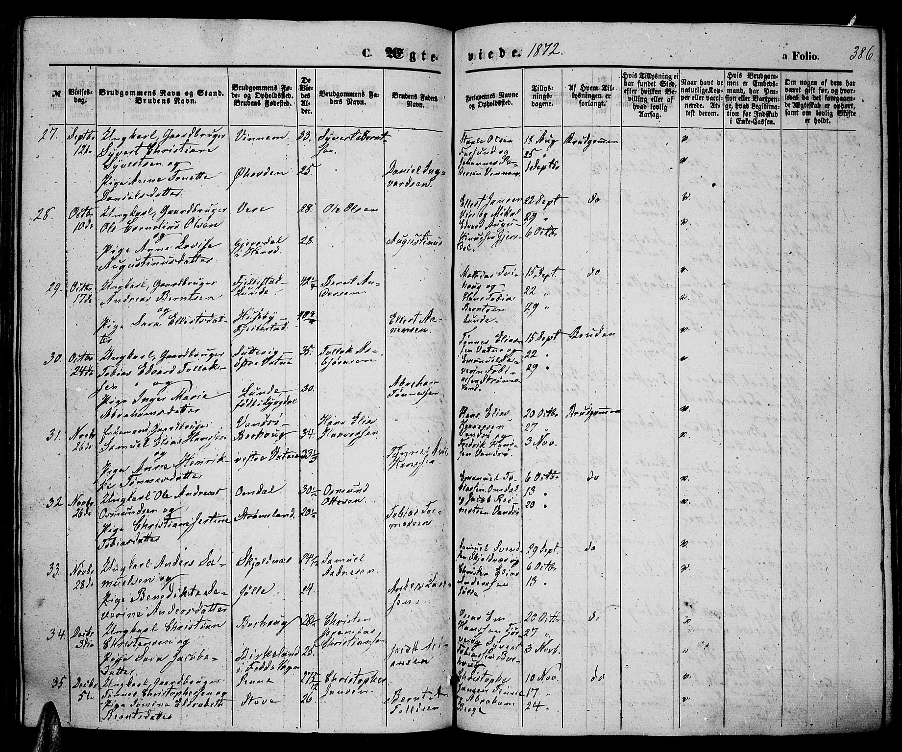 Lista sokneprestkontor, SAK/1111-0027/F/Fb/L0003: Parish register (copy) no. B 3, 1862-1877, p. 386
