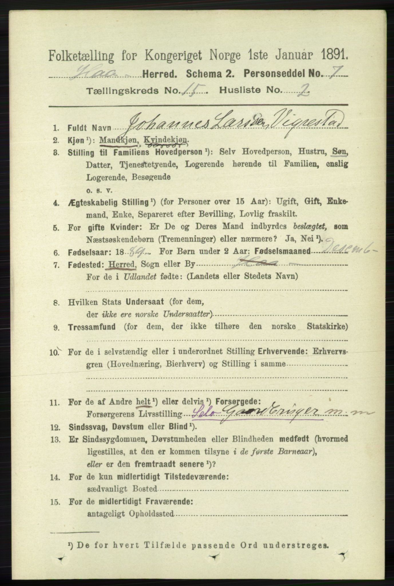 RA, 1891 census for 1119 Hå, 1891, p. 3654