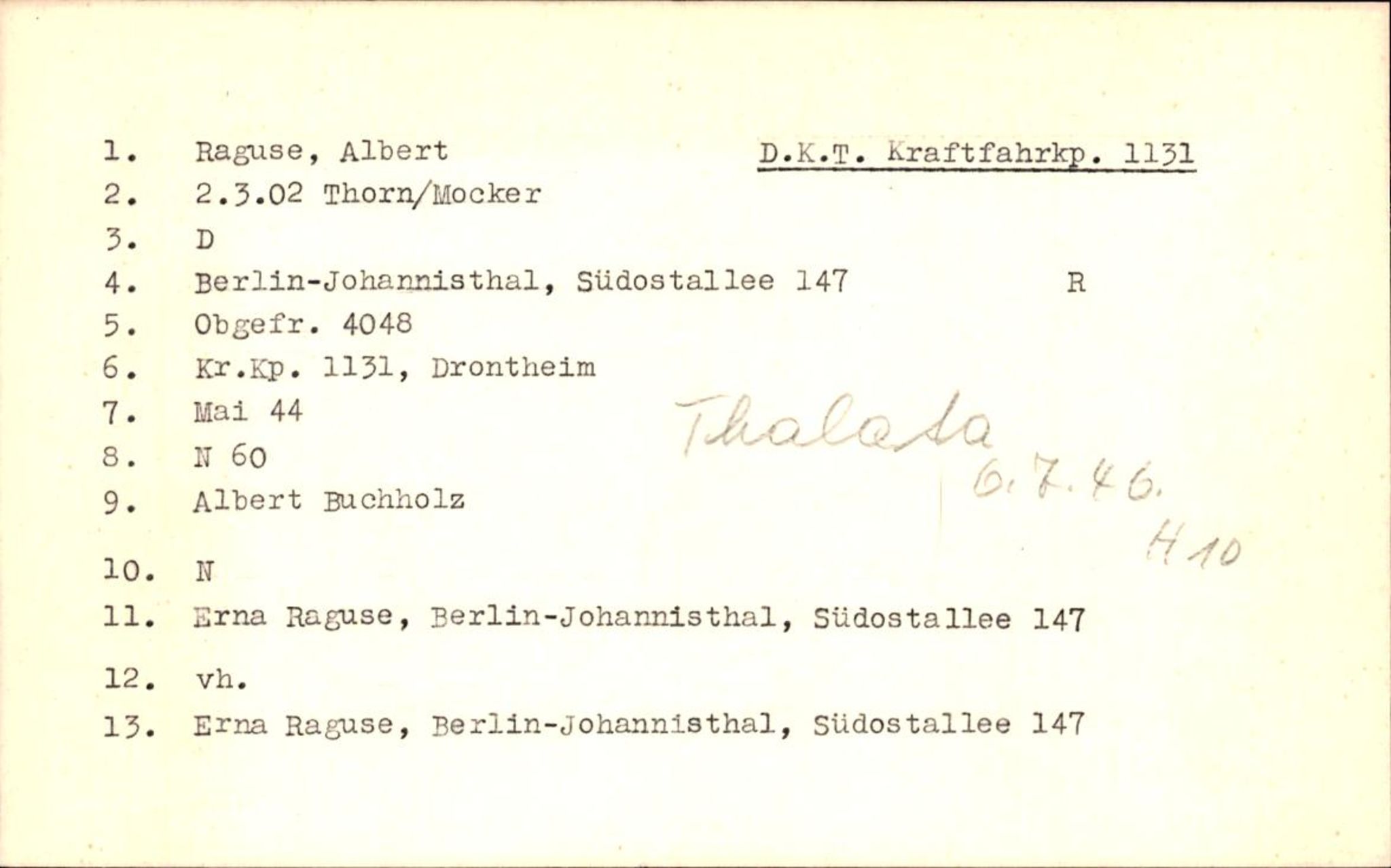 Hjemsendte tyskere , AV/RA-RAFA-6487/D/Db/L0022: Raguse-Roseuow, 1945-1947, p. 1