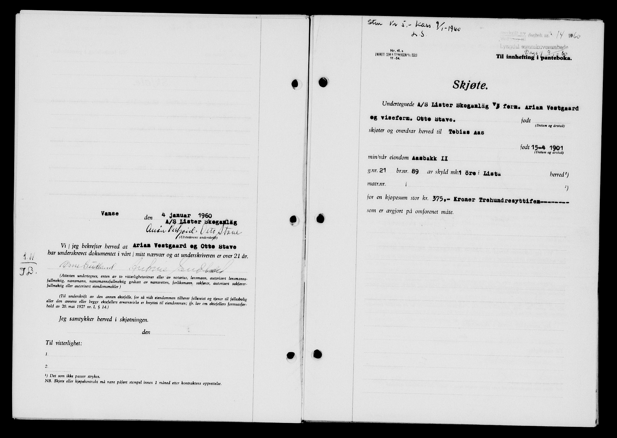 Lyngdal sorenskriveri, AV/SAK-1221-0004/G/Gb/L0679: Mortgage book no. A XXV, 1959-1960, Diary no: : 14/1960