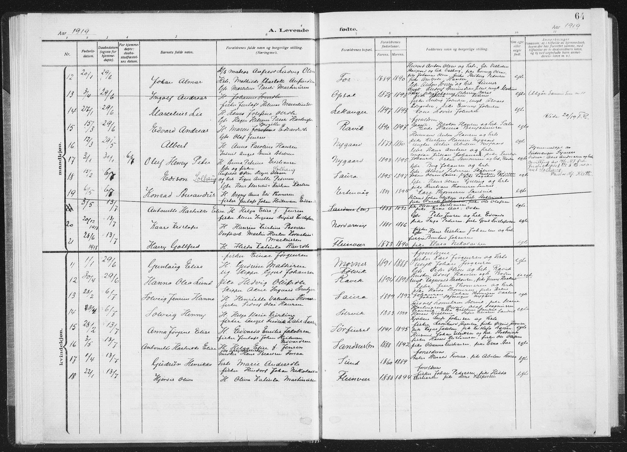 Ministerialprotokoller, klokkerbøker og fødselsregistre - Nordland, AV/SAT-A-1459/805/L0104: Parish register (official) no. 805A09, 1909-1926, p. 64