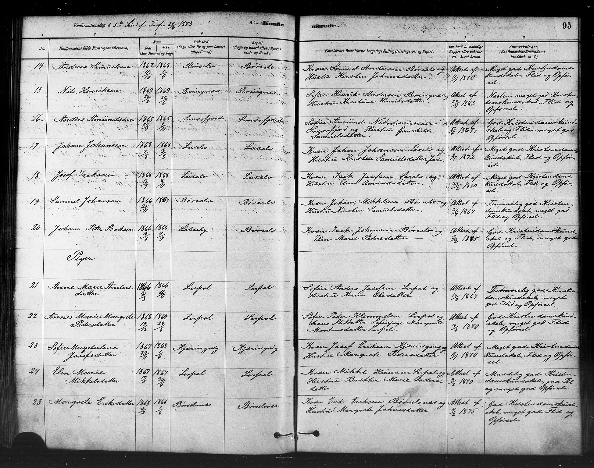 Kistrand/Porsanger sokneprestembete, AV/SATØ-S-1351/H/Ha/L0007.kirke: Parish register (official) no. 7, 1881-1889, p. 95