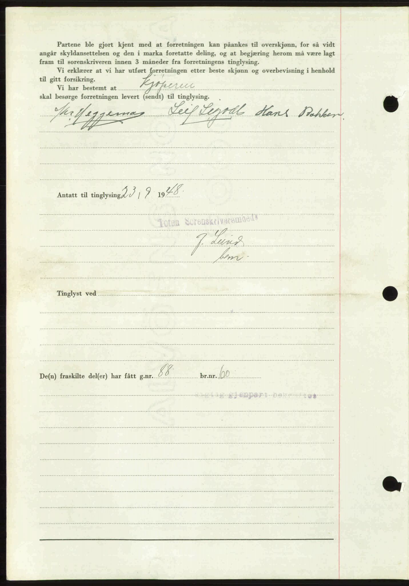 Toten tingrett, SAH/TING-006/H/Hb/Hbc/L0020: Mortgage book no. Hbc-20, 1948-1948, Diary no: : 3078/1948