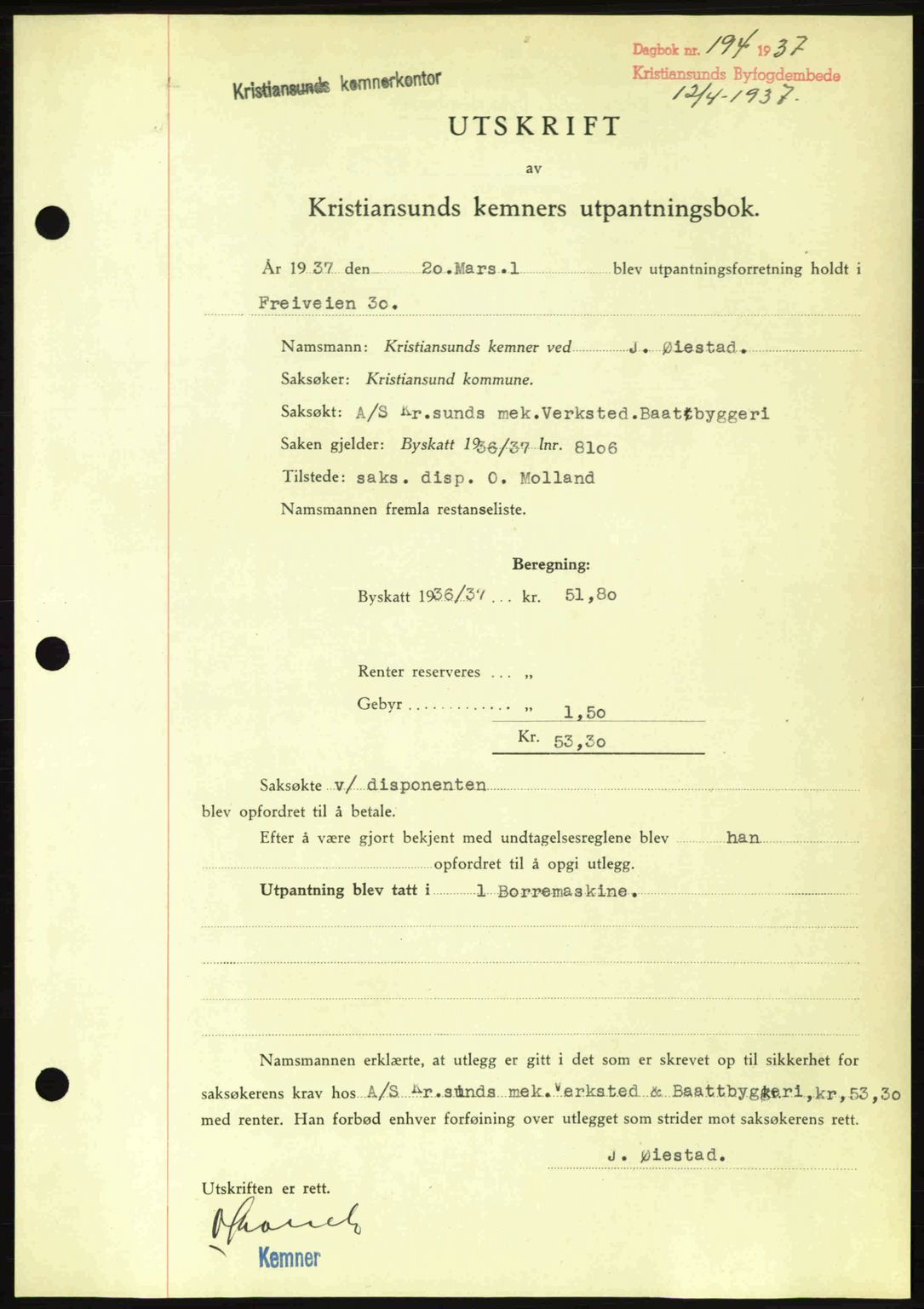 Kristiansund byfogd, AV/SAT-A-4587/A/27: Mortgage book no. 29, 1936-1937, Diary no: : 194/1937