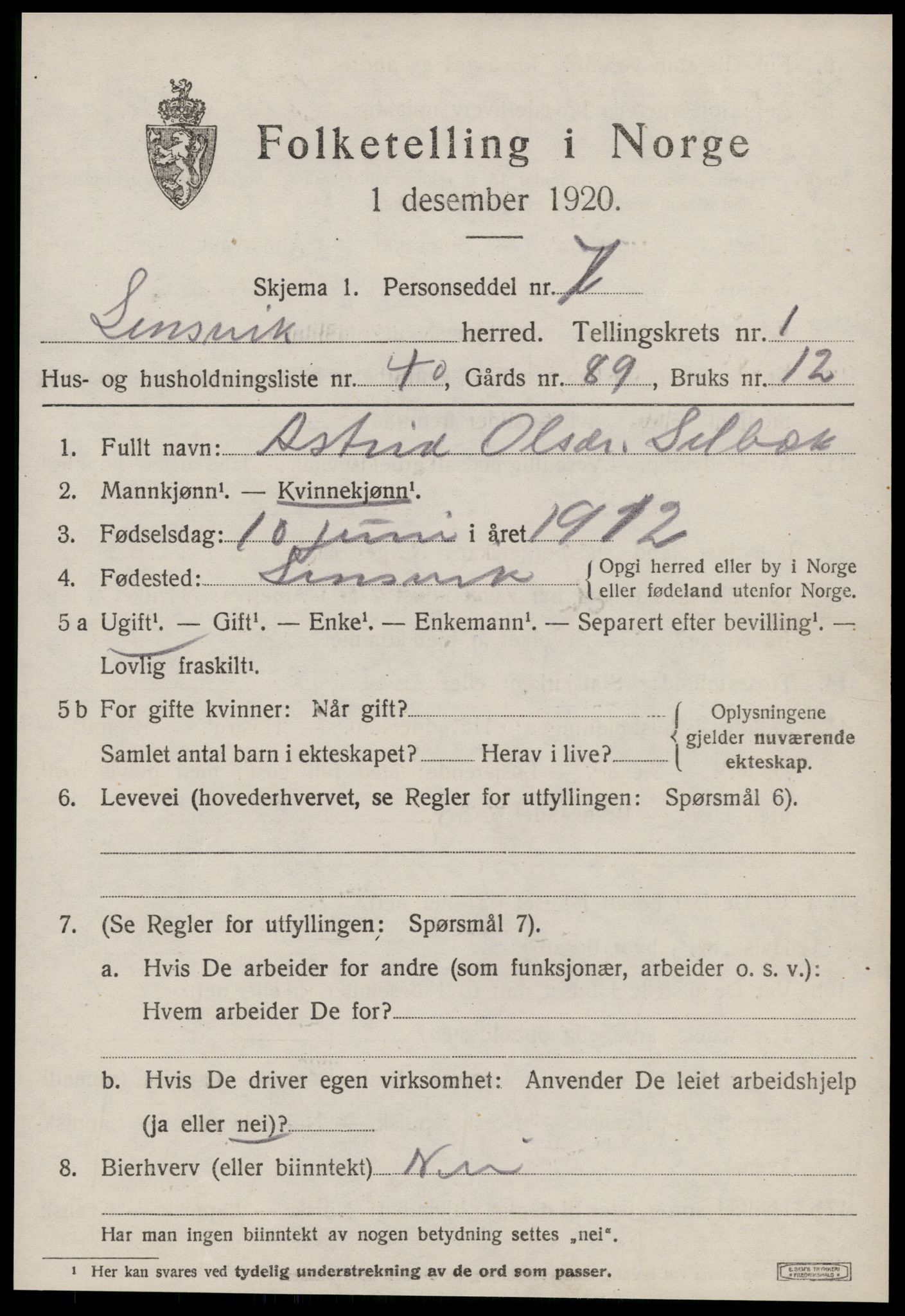 SAT, 1920 census for Lensvik, 1920, p. 924