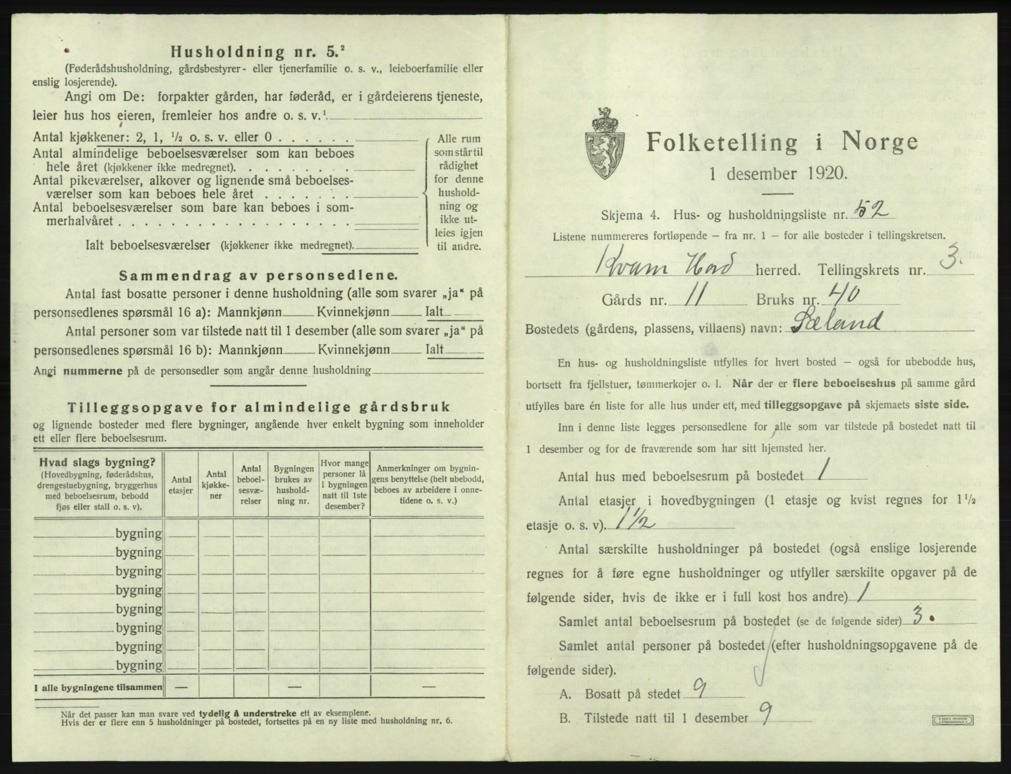 SAB, 1920 census for Kvam, 1920, p. 296