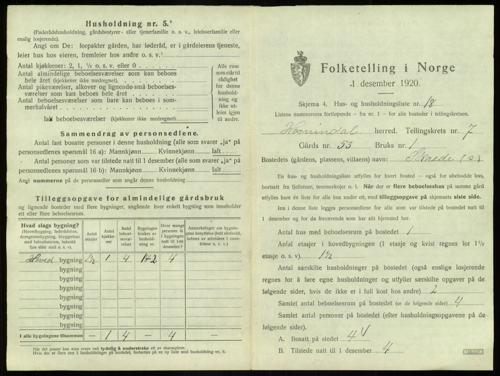 SAB, 1920 census for Hornindal, 1920, p. 507