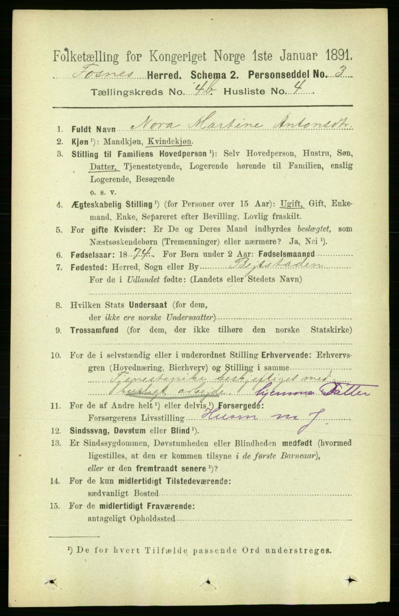 RA, 1891 census for 1748 Fosnes, 1891, p. 1732