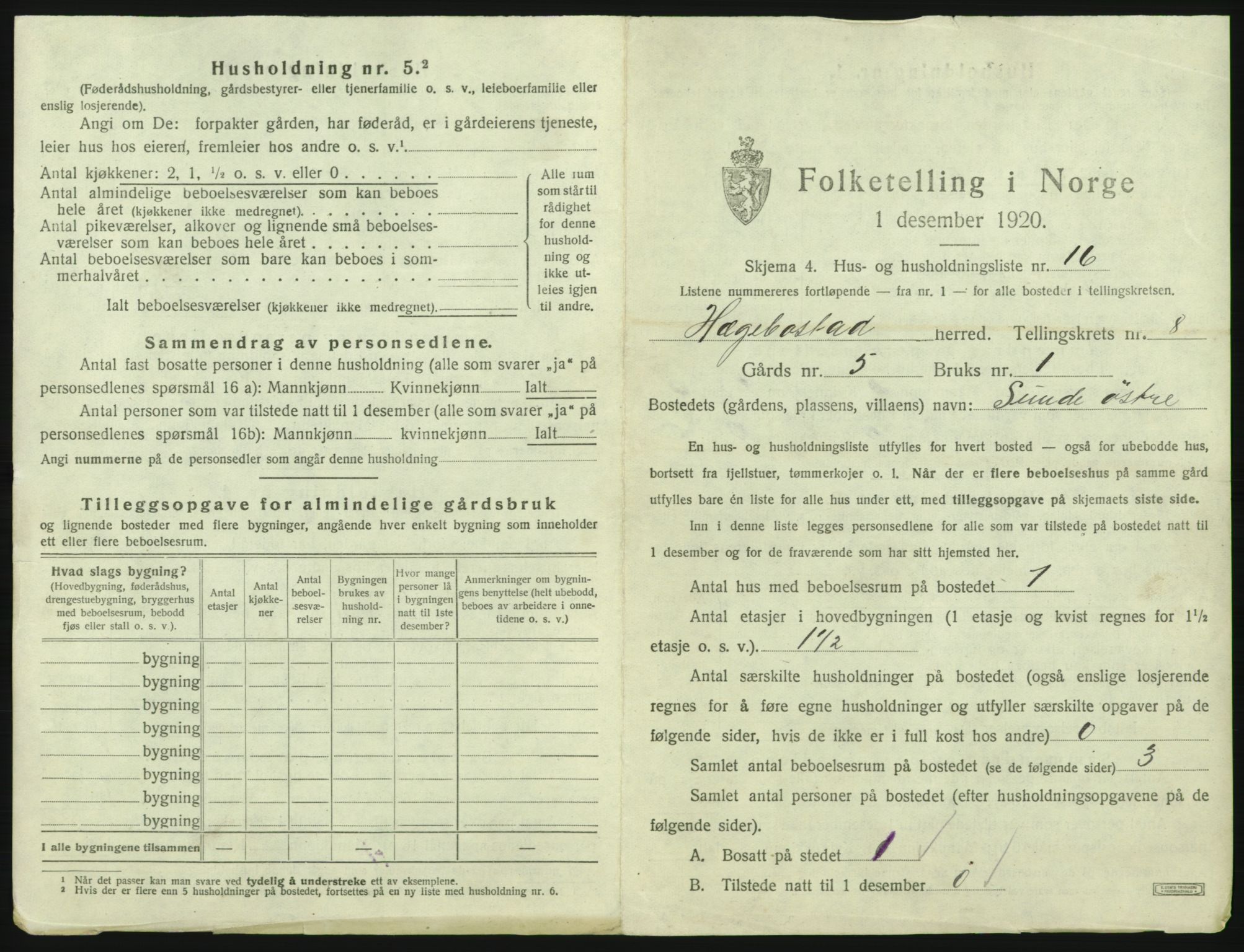 SAK, 1920 census for Hægebostad, 1920, p. 515