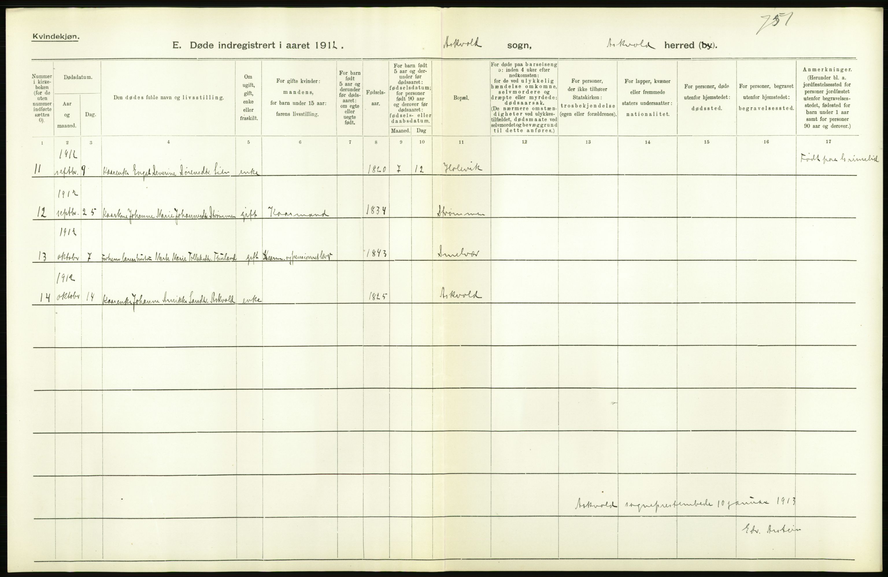 Statistisk sentralbyrå, Sosiodemografiske emner, Befolkning, AV/RA-S-2228/D/Df/Dfb/Dfbb/L0035: N. Bergenhus amt: Døde, dødfødte. Bygder., 1912, p. 4