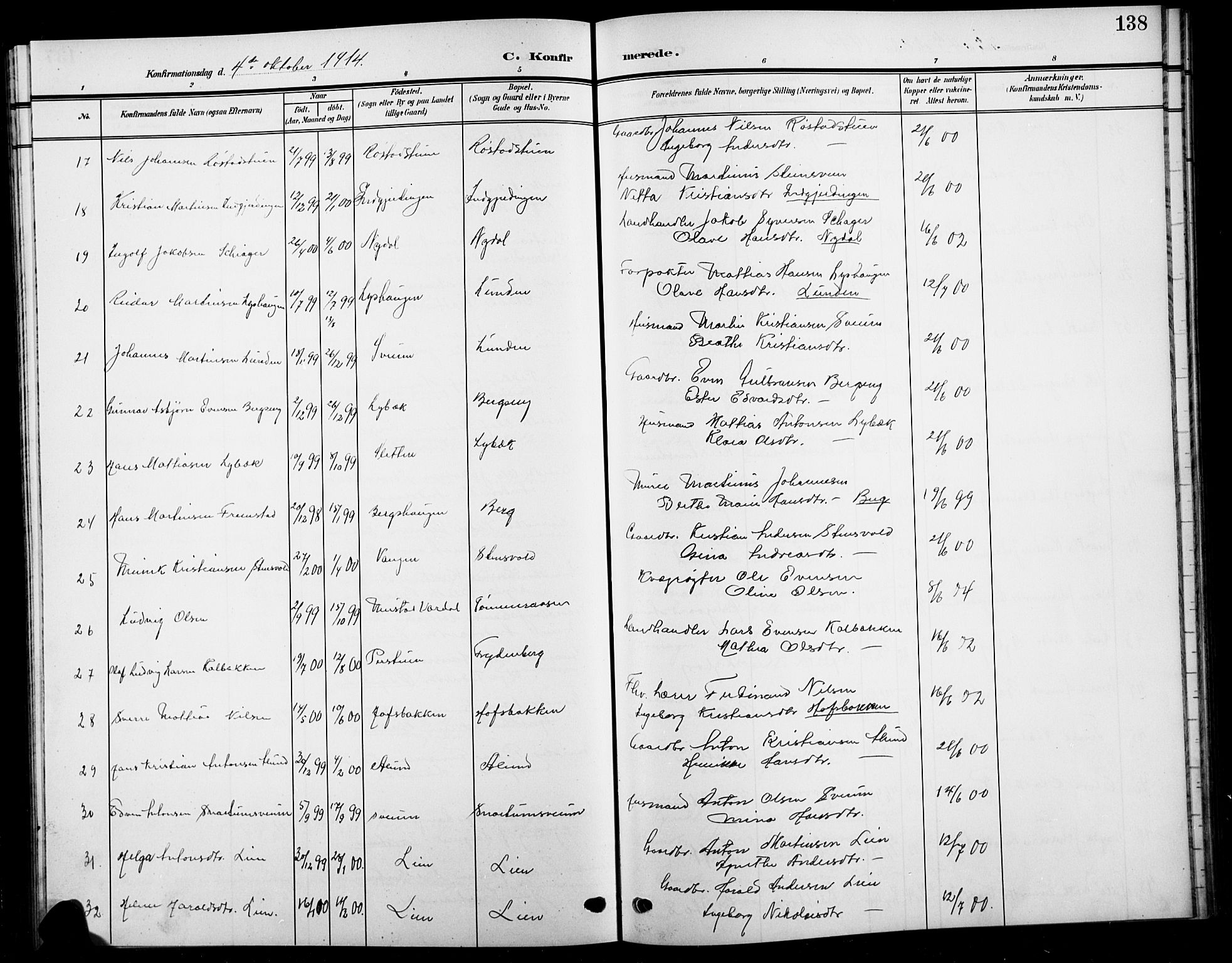 Biri prestekontor, AV/SAH-PREST-096/H/Ha/Hab/L0005: Parish register (copy) no. 5, 1906-1919, p. 138