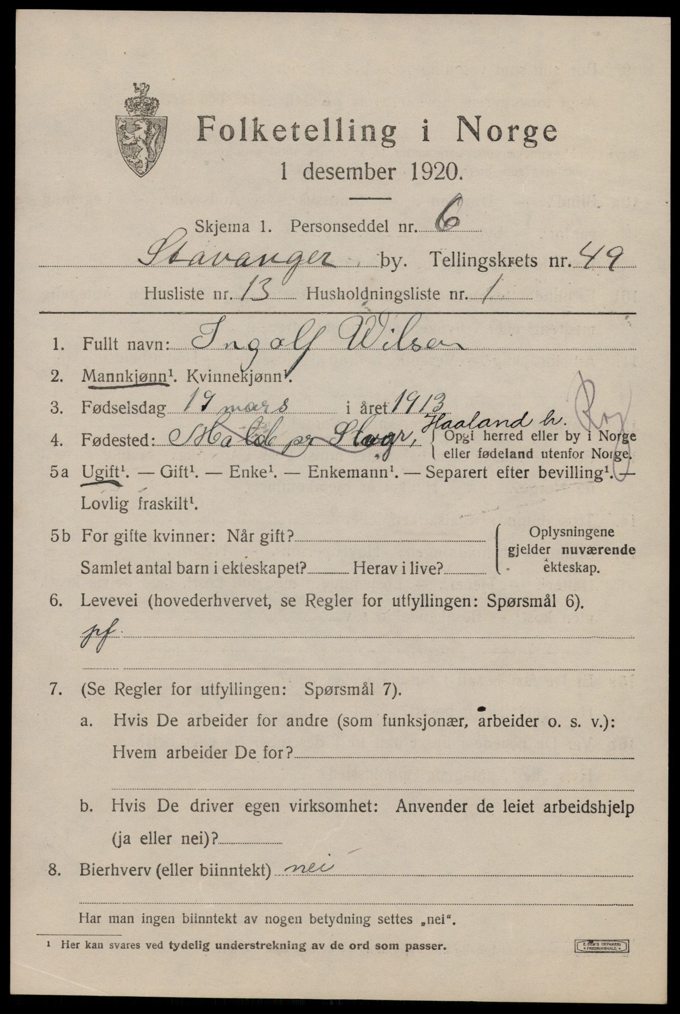 SAST, 1920 census for Stavanger, 1920, p. 118594