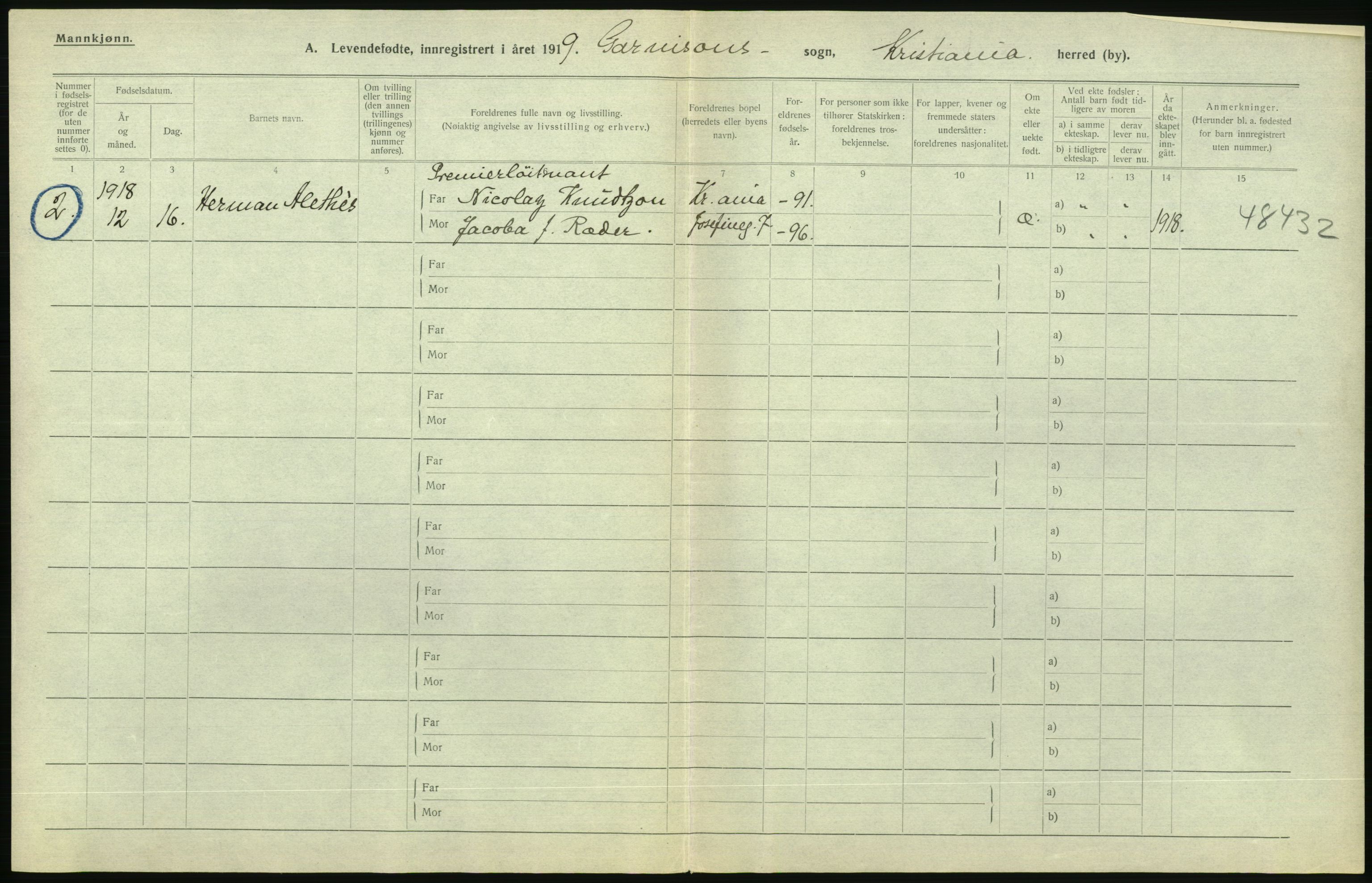 Statistisk sentralbyrå, Sosiodemografiske emner, Befolkning, AV/RA-S-2228/D/Df/Dfb/Dfbi/L0008: Kristiania: Levendefødte menn og kvinner., 1919