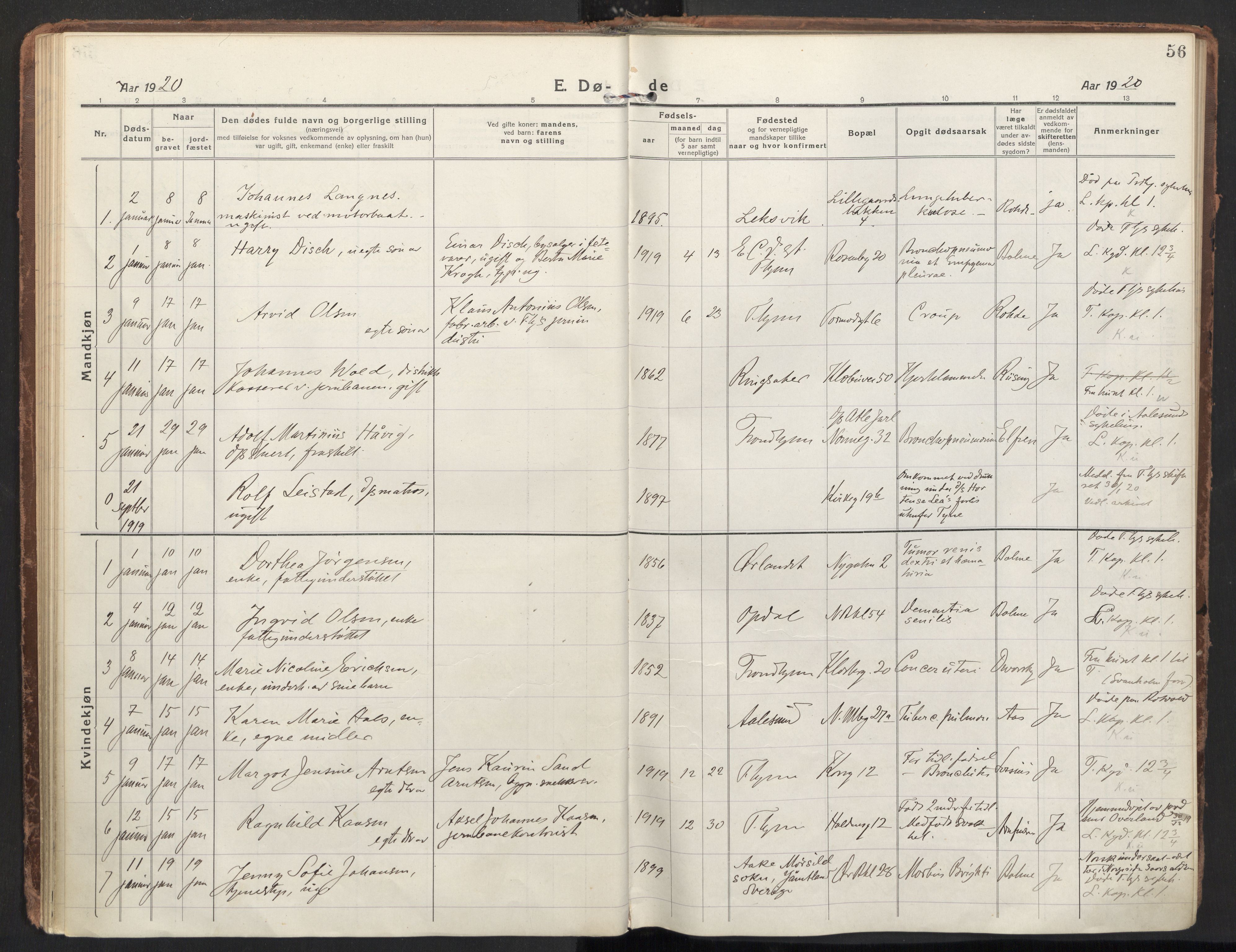 Ministerialprotokoller, klokkerbøker og fødselsregistre - Sør-Trøndelag, SAT/A-1456/604/L0207: Parish register (official) no. 604A27, 1917-1933, p. 56