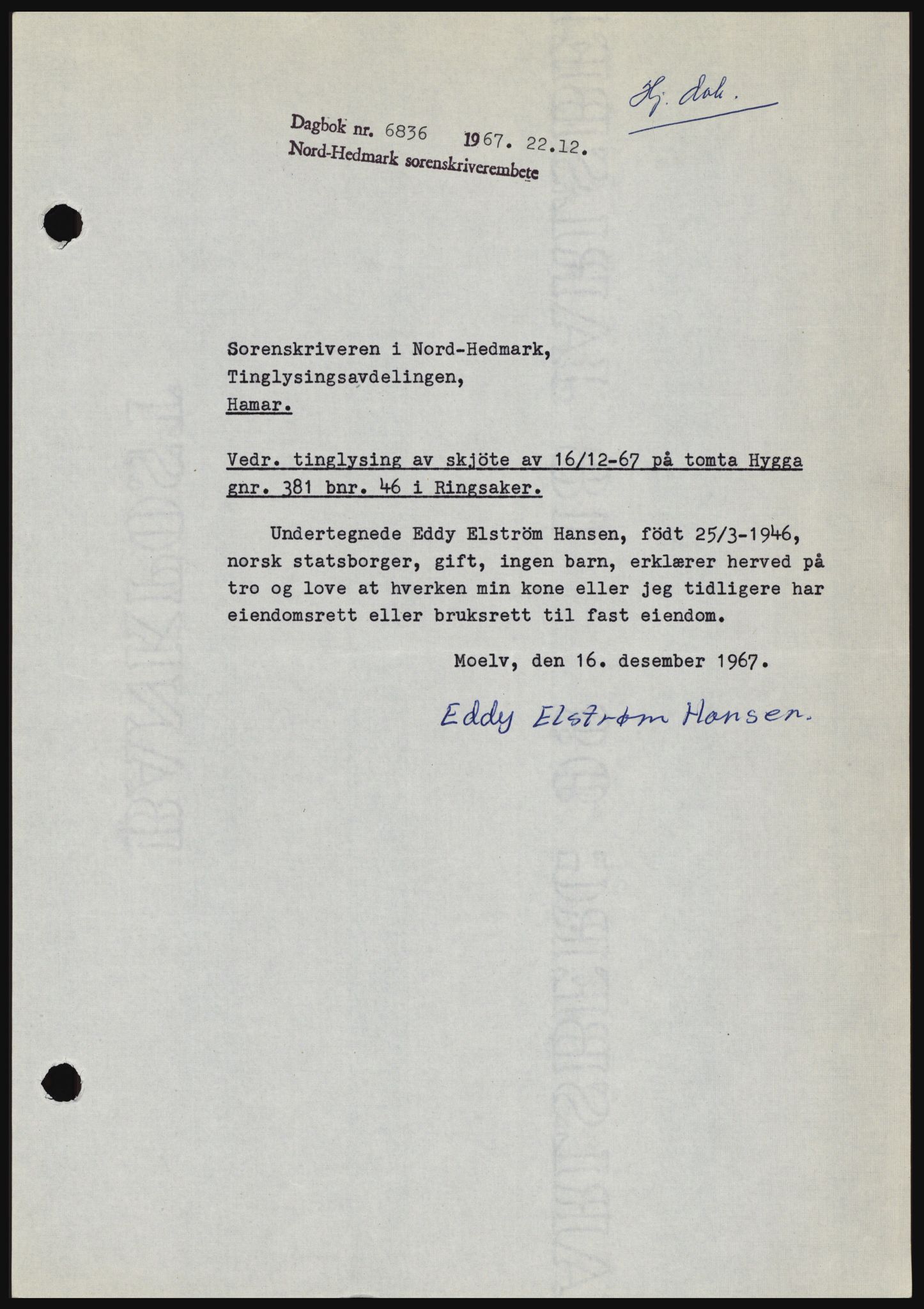Nord-Hedmark sorenskriveri, SAH/TING-012/H/Hc/L0027: Mortgage book no. 27, 1967-1968, Diary no: : 6836/1967