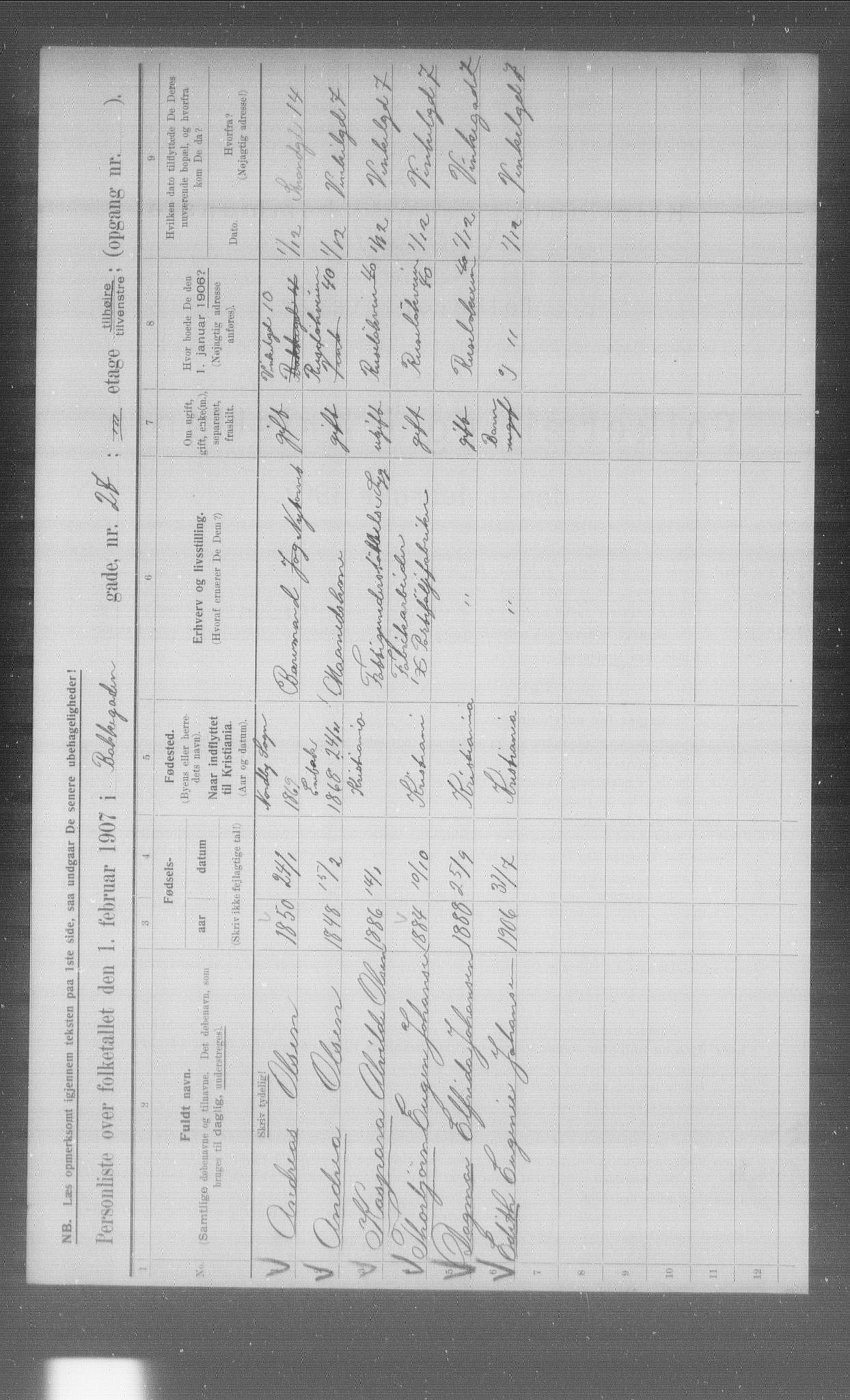 OBA, Municipal Census 1907 for Kristiania, 1907, p. 1624