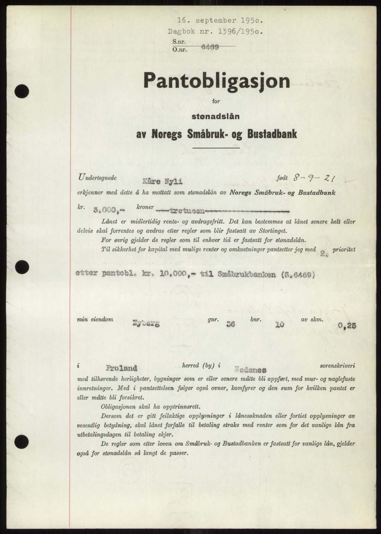 Nedenes sorenskriveri, AV/SAK-1221-0006/G/Gb/Gbb/L0008: Mortgage book no. B8, 1950-1950, Diary no: : 1396/1950