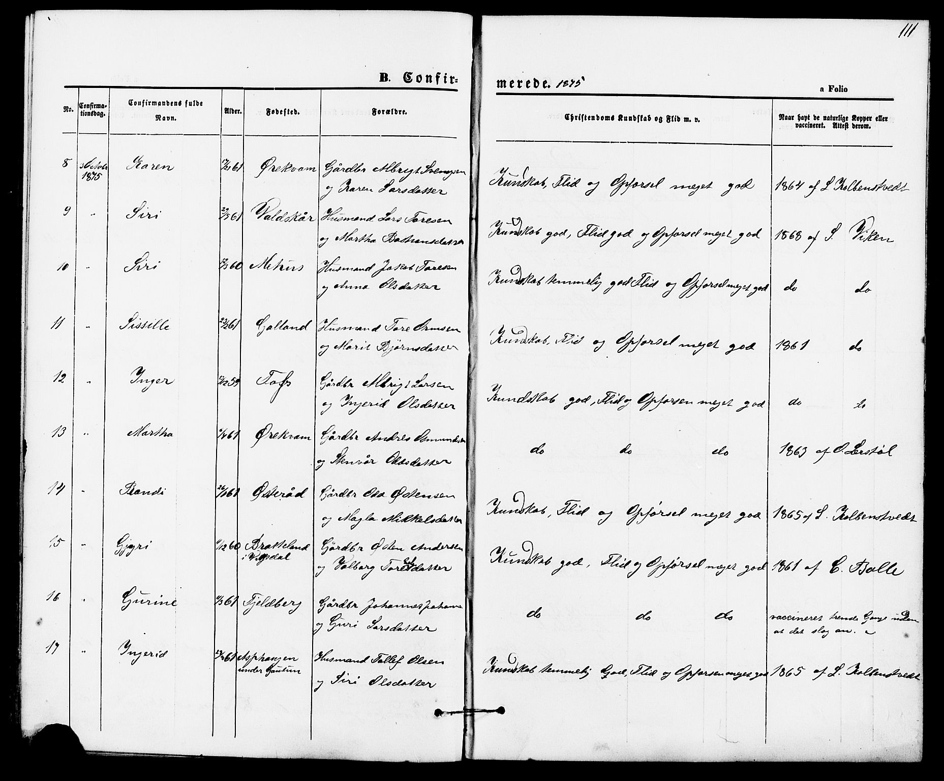 Suldal sokneprestkontor, AV/SAST-A-101845/01/IV/L0010: Parish register (official) no. A 10, 1869-1878, p. 111