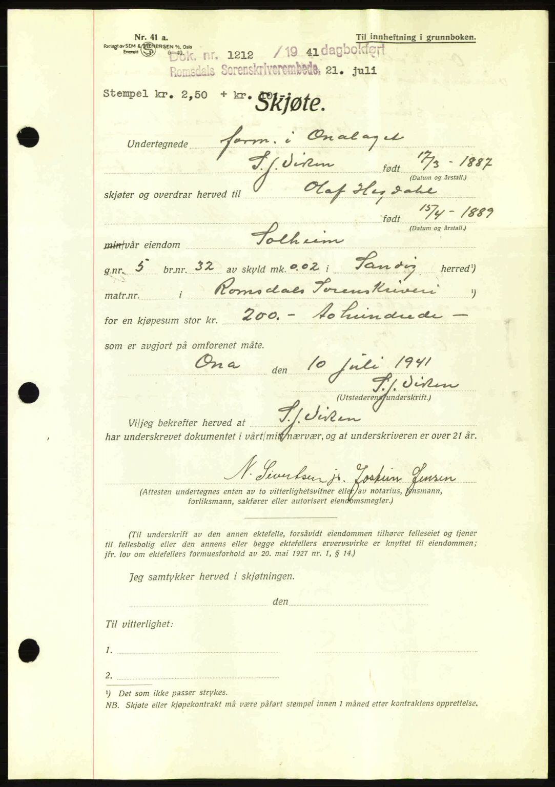 Romsdal sorenskriveri, AV/SAT-A-4149/1/2/2C: Mortgage book no. A10, 1941-1941, Diary no: : 1212/1941