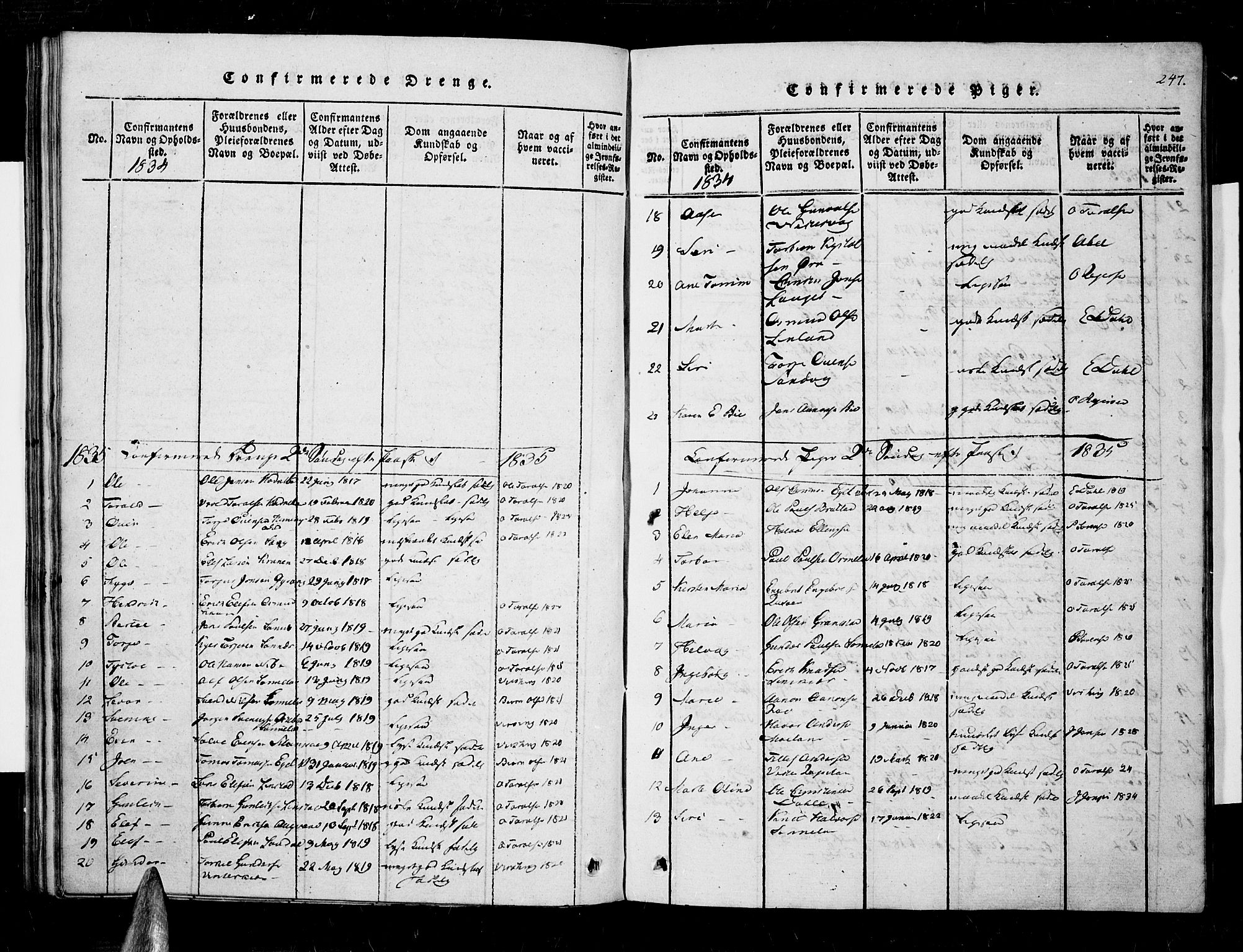 Søndeled sokneprestkontor, SAK/1111-0038/F/Fa/L0001: Parish register (official) no. A 1, 1816-1838, p. 247