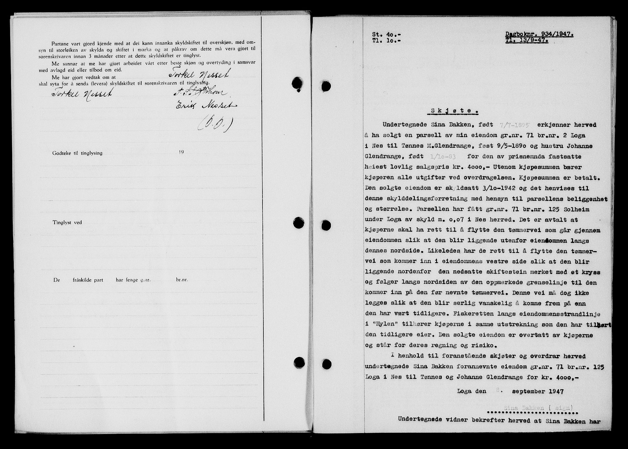 Flekkefjord sorenskriveri, SAK/1221-0001/G/Gb/Gba/L0062: Mortgage book no. A-10, 1947-1947, Diary no: : 934/1947